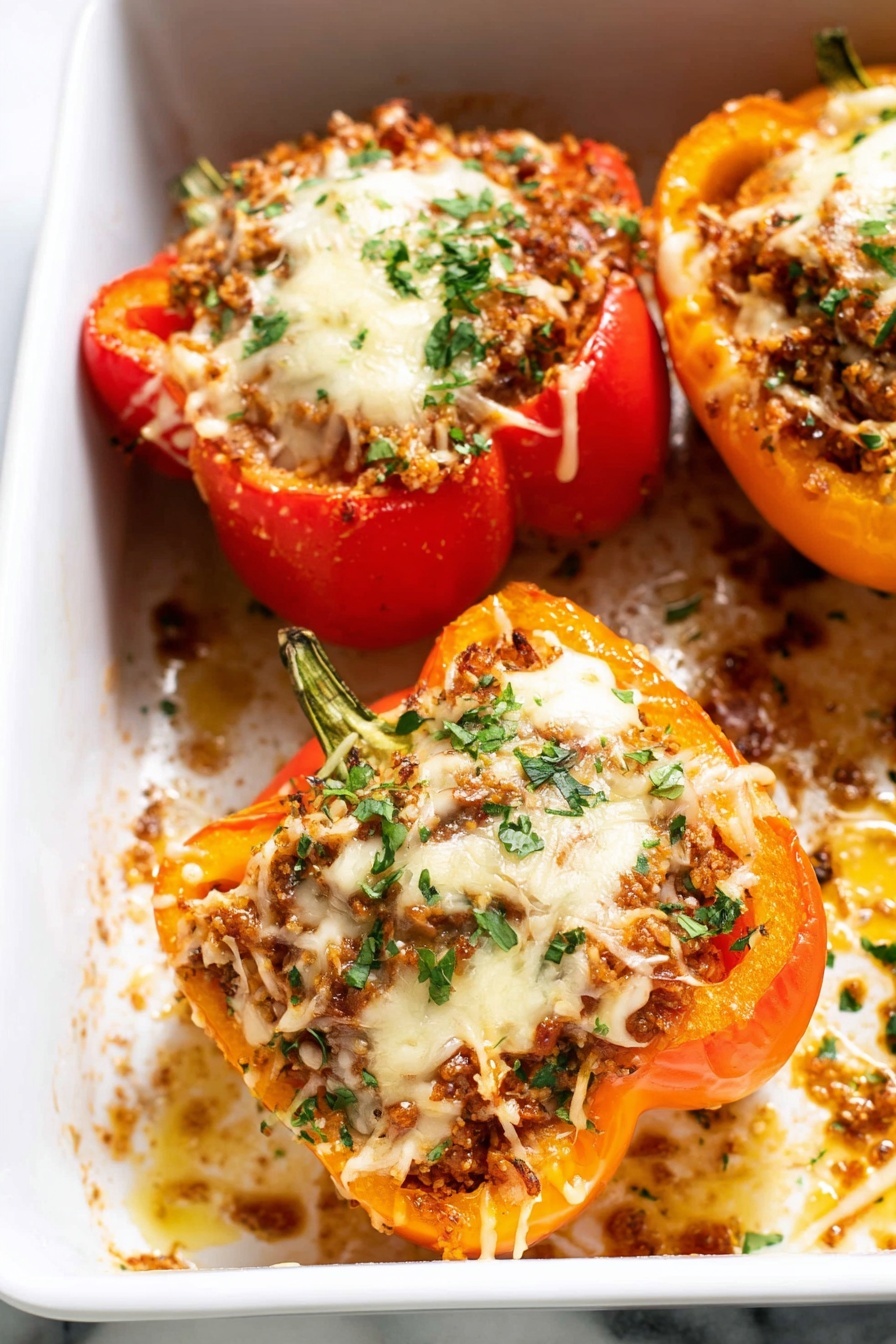 The image shows a white rectangular baking dish with four stuffed bell peppers, each halved and filled with a brown meat and rice mixture. The filling is topped with melted, light yellow cheese and small green herb leaves scattered on top. The bell peppers are bright red and orange with a slightly roasted texture. Juices from the filling have spread around the peppers inside the baking dish. The dish sits on a white marbled surface. Photo taken with an iphone --ar 2:3 --v 7