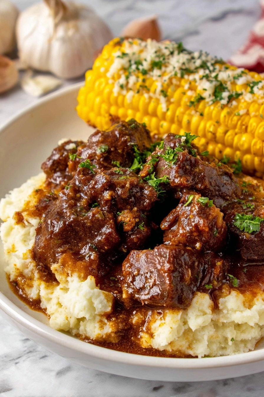 A white plate holds a dish with three main layers. The bottom layer is creamy mashed potatoes, smooth and white, spread across the plate. On top of that sits a generous pile of dark brown beef stew chunks, covered in rich, shiny gravy. The beef pieces look tender and moist, sprinkled with small green parsley bits. To the side of the beef and mashed potatoes is a bright yellow corn on the cob, coated with white sauce and a light sprinkle of red seasoning, resting on the plate. Fresh green parsley leaves decorate the plate, adding a pop of color against a white marbled surface background. Photo taken with an iphone --ar 2:3 --v 7