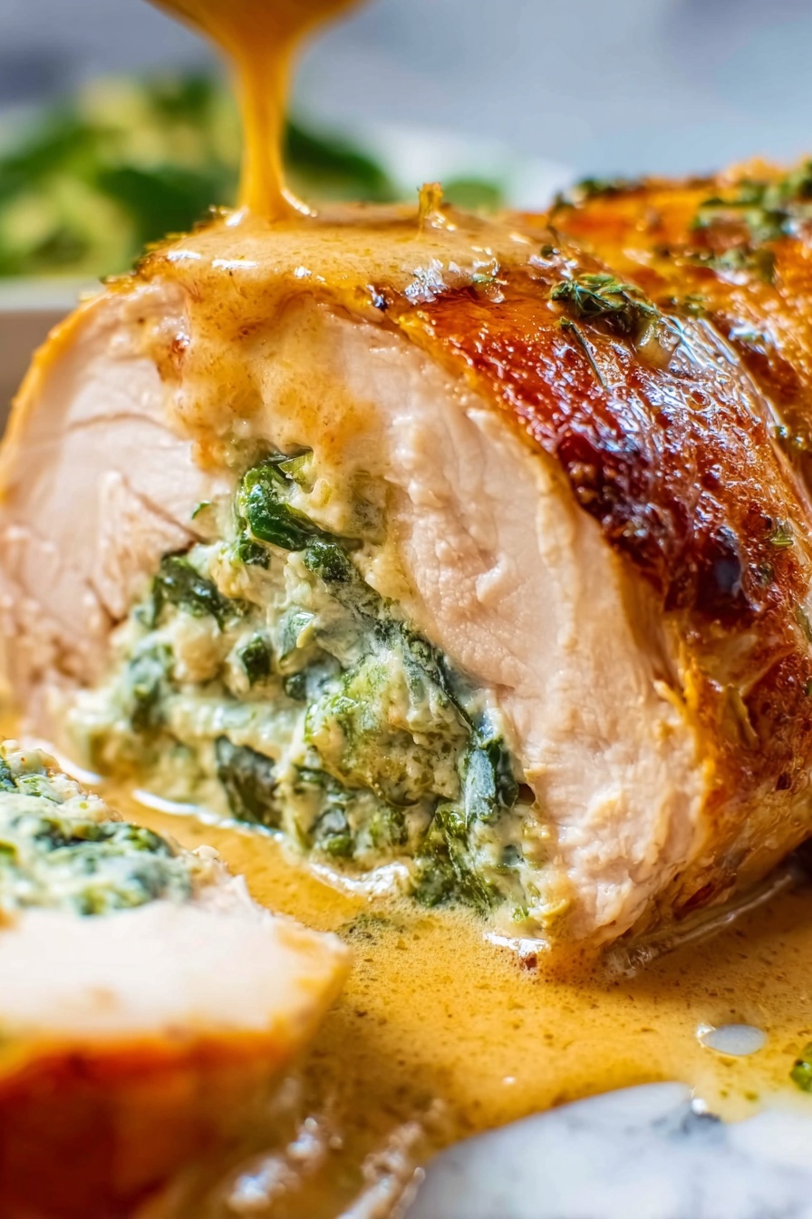 A close-up of a cooked chicken breast stuffed with a creamy mixture that has visible green spinach leaves inside the middle layer. The chicken is golden brown with a slightly shiny, spiced outer skin. The creamy spinach filling peeks through a slit in the chicken breast, showing a soft, smooth texture with bits of green. The dish sits in a pan with a light brown sauce pooled around the chicken on a white marbled textured surface photo taken with an iphone --ar 2:3 --v 7
