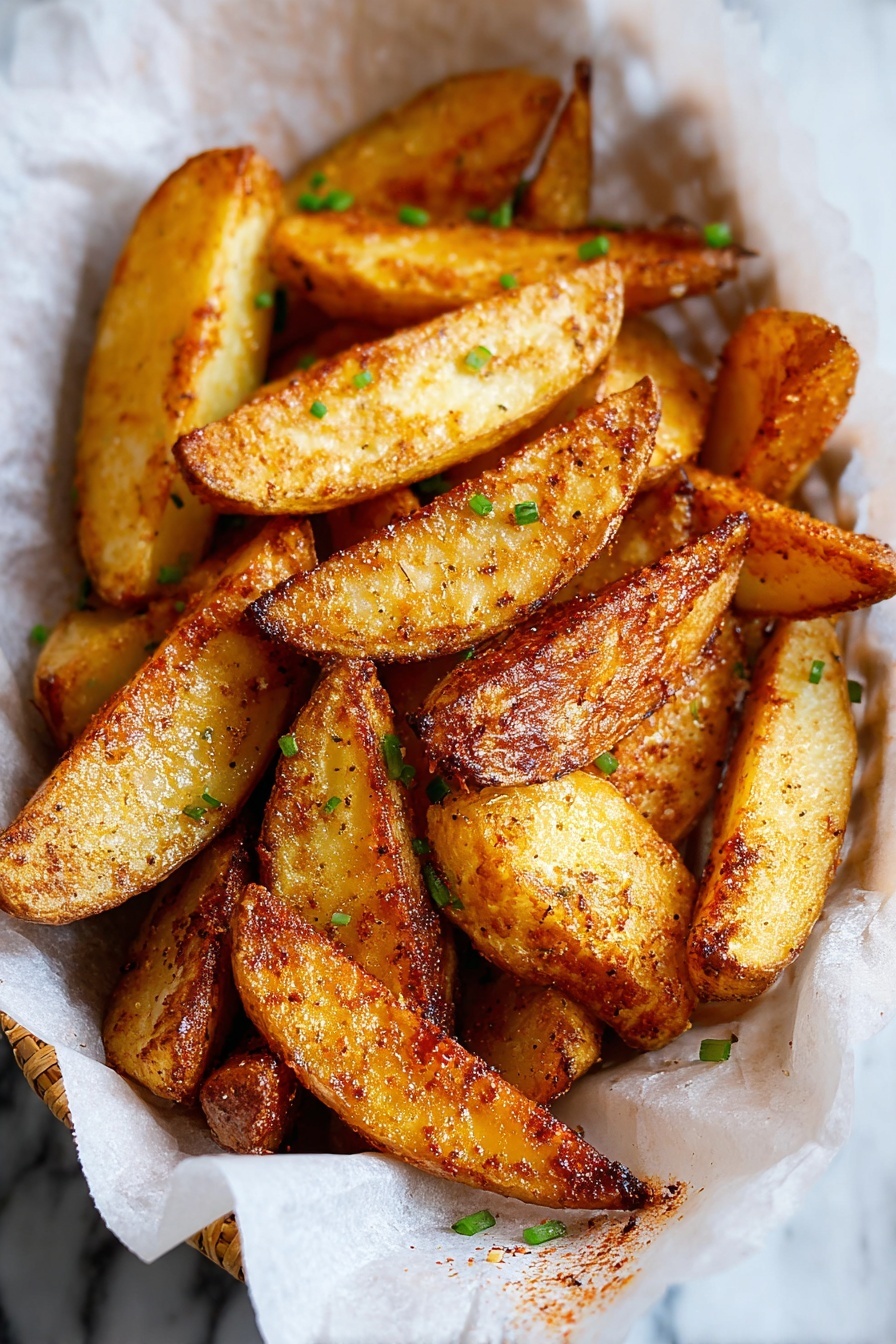 This image shows a white basket lined with parchment paper holding thick golden-brown potato wedges. The wedges have a crispy texture with a slightly rough and spiced outer layer, showing darker brown spots from cooking. They are scattered unevenly in the basket with small green pieces of chopped herbs sprinkled on top, adding a fresh contrast to the warm colors. The background is a white marbled surface. photo taken with an iphone --ar 2:3 --v 7