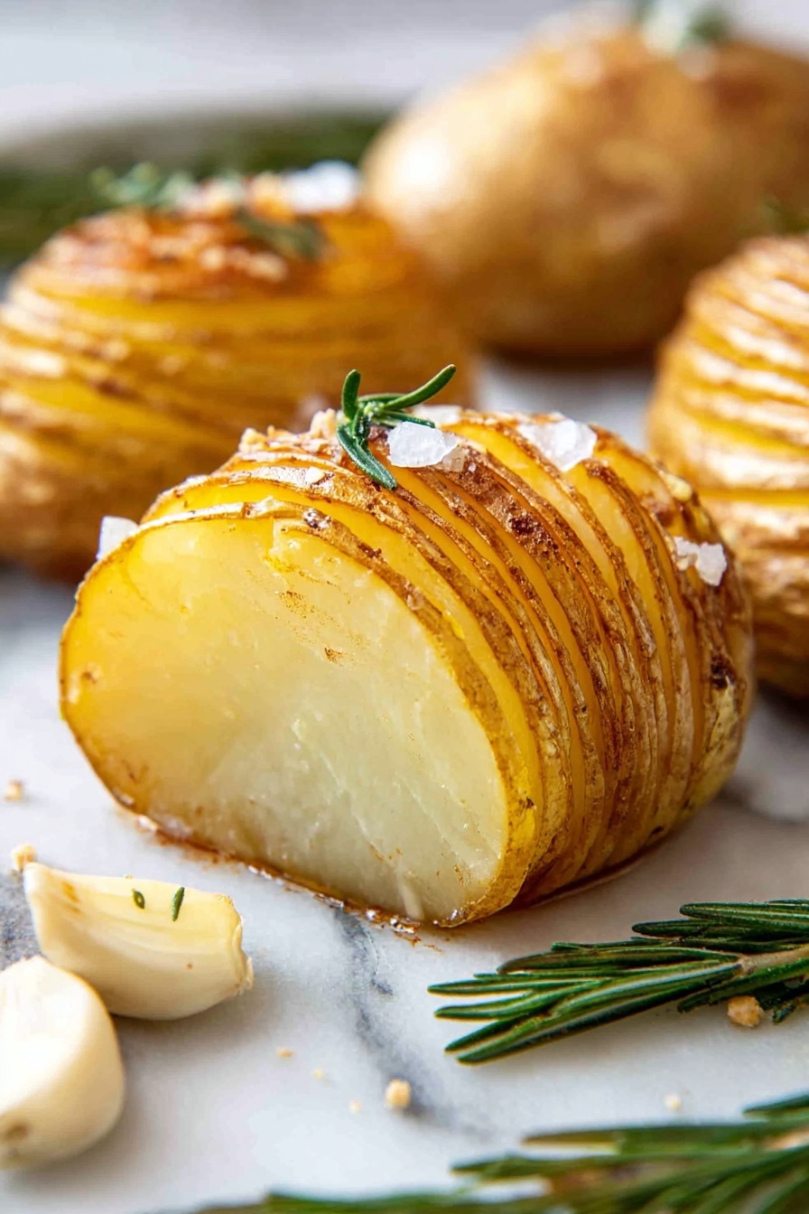 This image shows a close-up of a sliced roasted potato with a golden brown crispy skin and soft, light yellow inside. There are thin, even layers on the potato's skin that have a slightly shiny texture, showing the roasting process. The potato is sitting on a white marbled surface with small rosemary sprigs scattered around, adding a fresh green color. Coarse salt crystals are visible on top of the potato and a small pool of oil glistens underneath it, creating a slight shine. Whole garlic cloves with a golden hue are placed nearby, complementing the roasted potato. Photo taken with an iphone --ar 2:3 --v 7