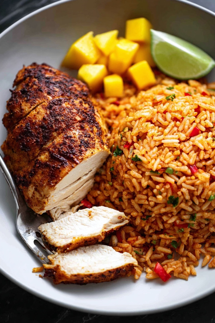 A white plate holds a serving of reddish-brown seasoned grilled chicken slices arranged in the center, with the front piece cut to show white juicy meat inside. On the right side, there is a mound of orange-brown rice mixed with small bits of red pepper and green herbs. On the left side near the chicken, there are small diced yellow pieces of fruit and two thin white lime slices sprinkled with green herbs. A silver fork lies at the bottom, partially under the chicken. The background has a white marbled texture. photo taken with an iphone --ar 2:3 --v 7
