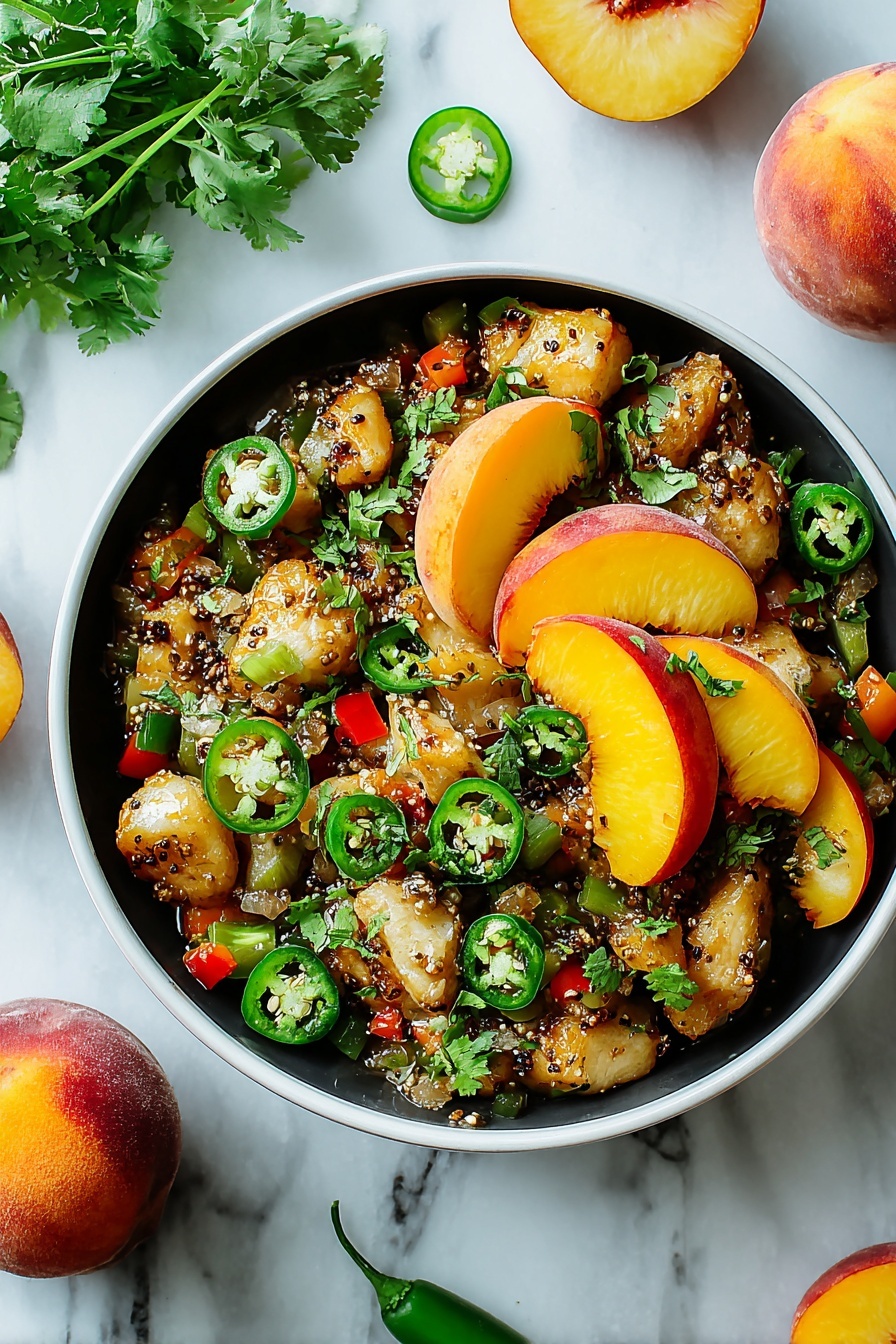 In a black bowl on a white marbled surface, there are six browned, grilled pieces of chicken arranged in a circle. Among the chicken pieces are several slices of bright orange peach, showing smooth skin and juicy flesh. Green jalapeño slices with visible seeds are scattered on top, adding a fresh look. The dish is garnished with chopped fresh green herbs sprinkled evenly over the chicken and fruit. A light sauce pools at the bottom of the bowl, giving a shiny finish to the meal. Fresh herb sprigs and a pepper shaker sit nearby, adding context to the scene. photo taken with an iphone --ar 2:3 --v 7