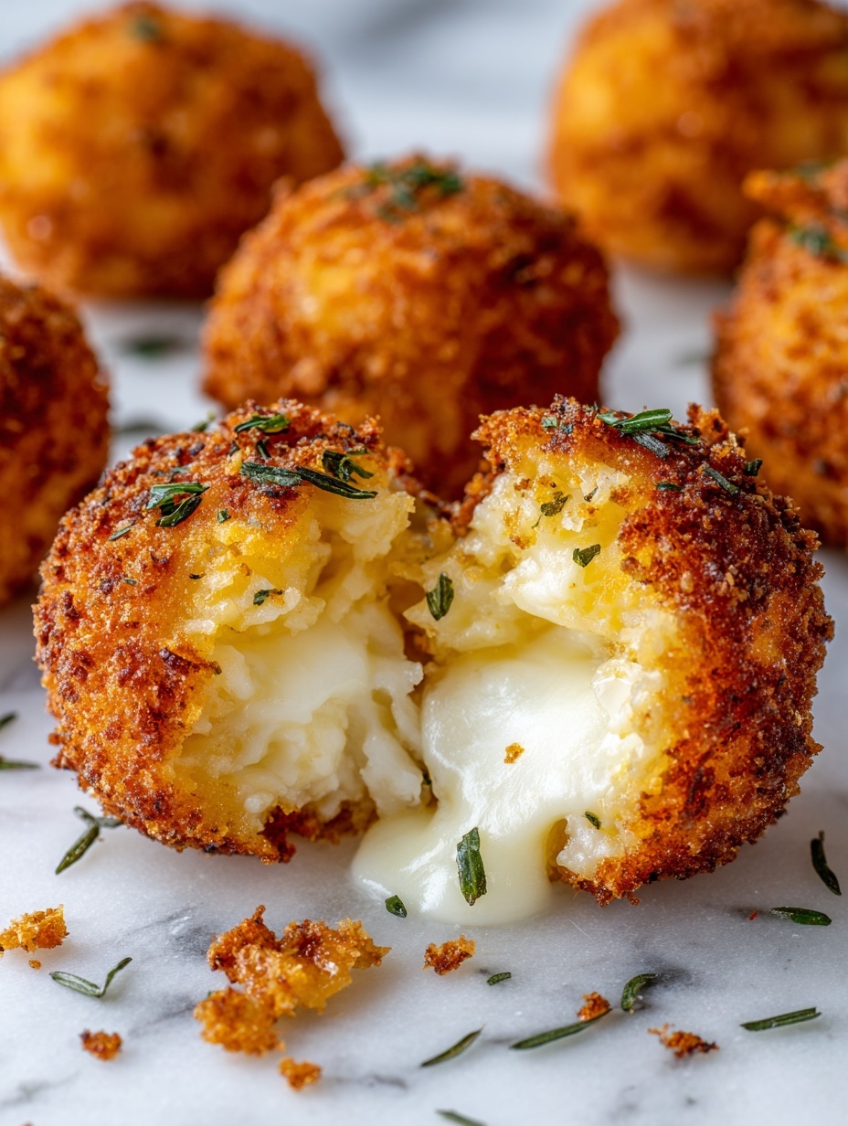 The image shows a close-up of a round fried snack with a crispy golden-brown outer layer. The snack is broken open in the middle, revealing a soft, creamy white filling inside. Small green herb pieces are scattered on top and around the snack. It rests on a white marbled textured surface with crumbs around it, giving a fresh and appetizing look. Photo taken with an iphone --ar 2:3 --v 7