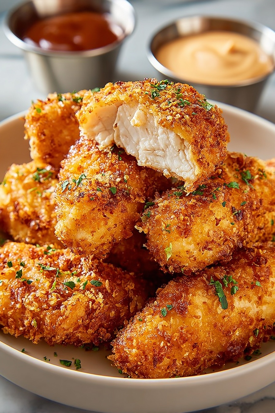 A white bowl filled with seven crispy fried chicken pieces stacked together, each coated in a golden-brown crunchy crumb with small green herb bits sprinkled on top. One piece is broken in half, showing the white tender inside. In the background, two small metal sauce containers hold a creamy light-colored dip and a reddish-brown sauce. The bowl sits on a white marbled surface. Photo taken with an iphone --ar 2:3 --v 7