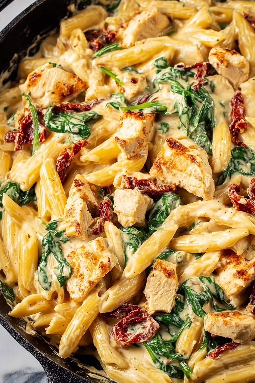 The dish features a white bowl filled with creamy pasta made of yellow penne, mixed with chunks of light brown cooked chicken, deep reddish-brown sun-dried tomatoes, and dark green spinach leaves. The pasta is covered in a smooth, light cream sauce that coats the ingredients evenly, with small bits of chopped green herbs sprinkled on top. A silver fork rests inside the bowl on the left side. In the background, there is a bunch of fresh green parsley and a small white bowl with chopped herbs, all placed on a white marbled surface covered partially with a blue and white floral patterned cloth. Photo taken with an iphone --ar 2:3 --v 7