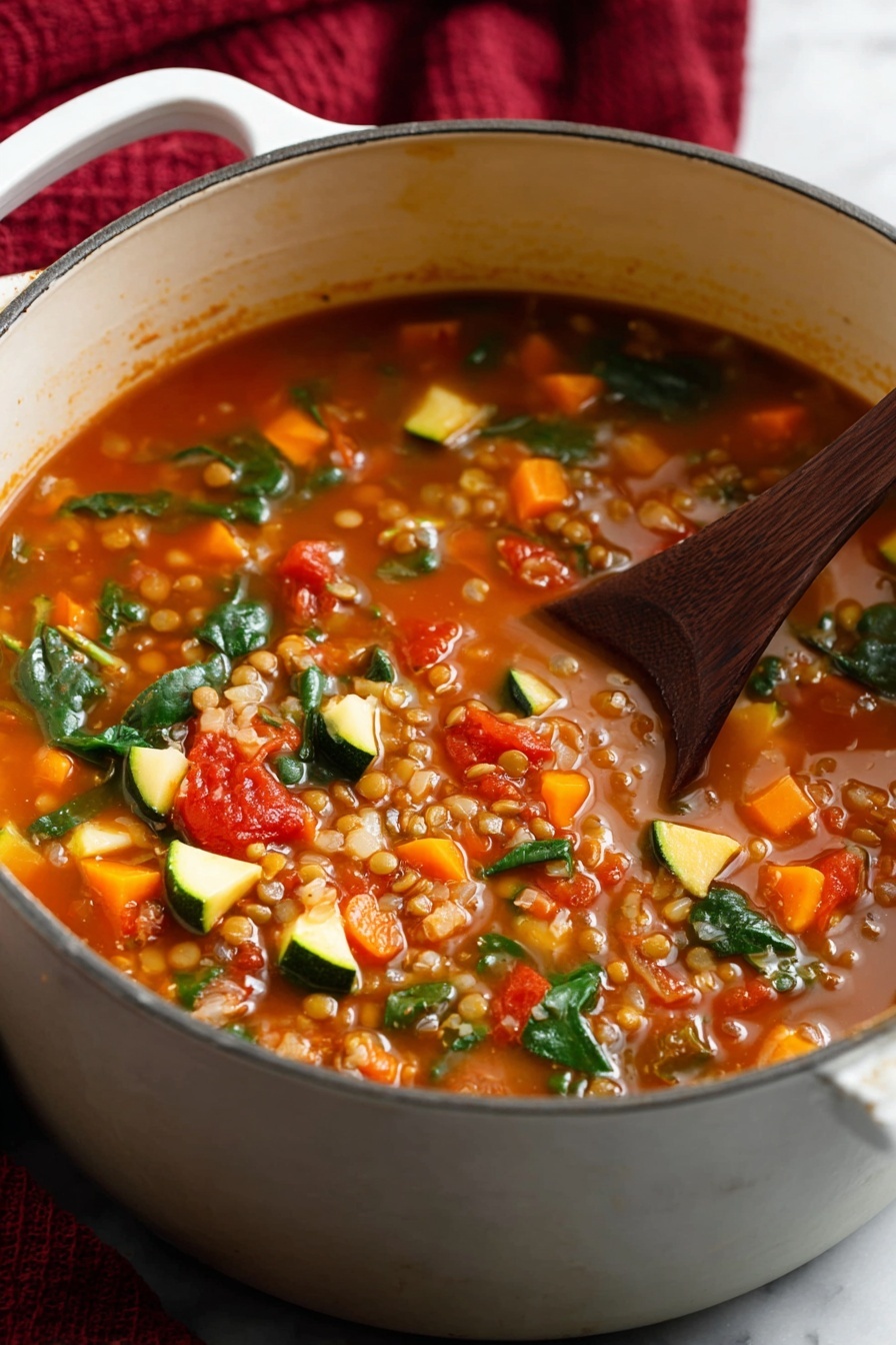 A close-up view of a white pot filled with a chunky vegetable and lentil soup in a rich orange-red broth. The soup has visible layers of small orange carrots, light green zucchini pieces, dark green leafy spinach, red tomato chunks, and tiny brown lentils scattered throughout. A dark wooden spoon is stirring the soup inside the pot. The pot sits on a white marbled surface with a blurred deep red cloth in the background. photo taken with an iphone --ar 2:3 --v 7