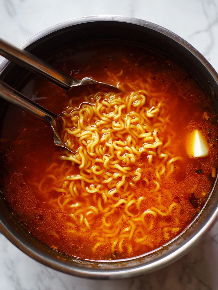 A close-up image shows a pot filled with orange-red broth and soft curly noodles cooking inside. A pair of metal tongs holds a clump of the noodles above the soup, reflecting the glossy texture of the broth. The pot’s interior is dark, and a small piece of light-colored butter floats on the right side of the broth. The pot rests on a white marbled surface with hexagon tiles faintly visible. The image captures the warmth and steam of the cooking noodles, with a blurry background hinting at kitchen elements. photo taken with an iphone --ar 2:3 --v 7
