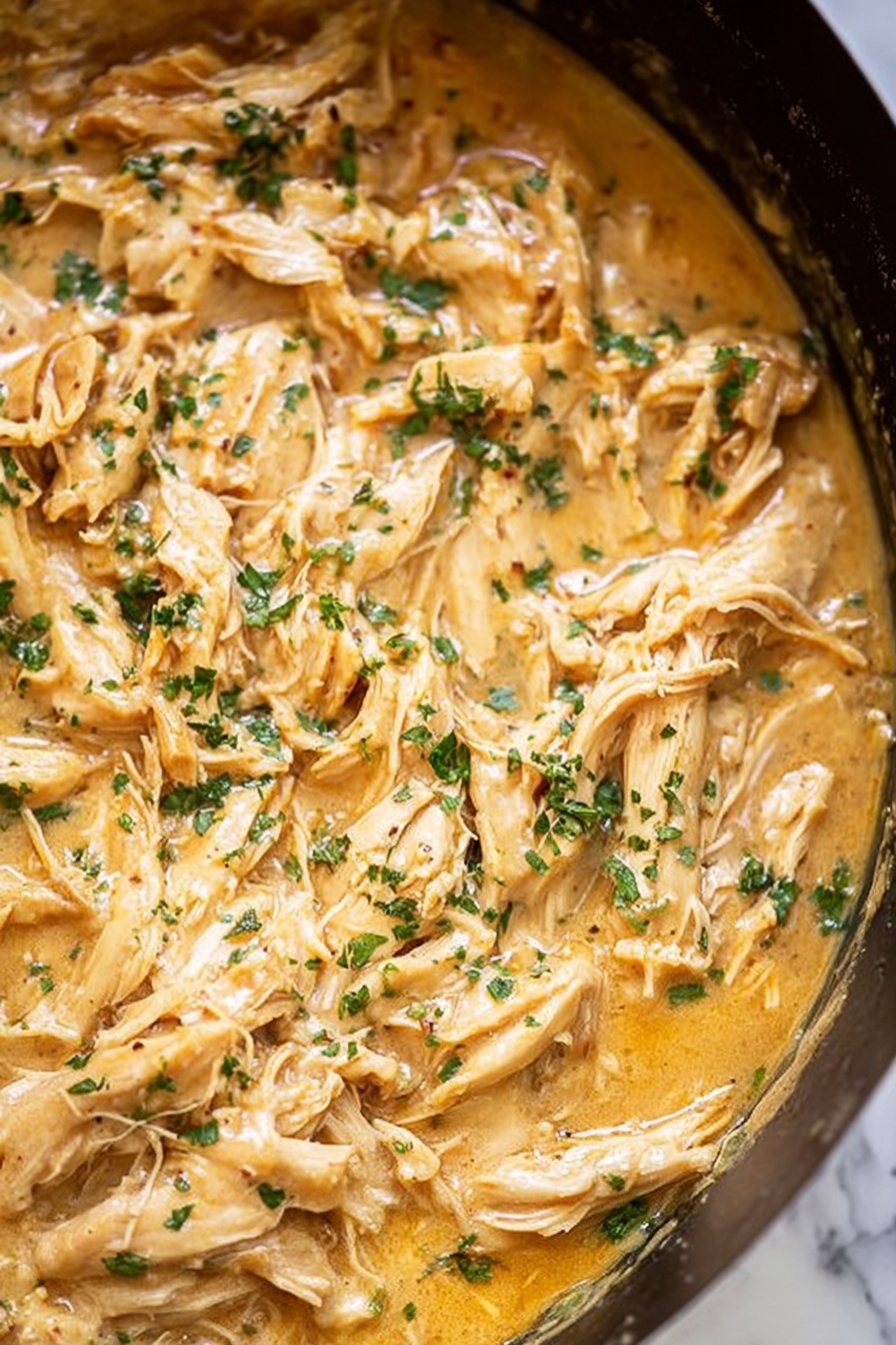 The image shows a close-up of shredded light tan chicken layered in a thick, creamy golden sauce with small green herb pieces sprinkled evenly over the top, sitting in a pan with visible smooth and slightly glossy texture on the sauce. The shredded chicken appears moist and tender, layered irregularly but closely packed. The sauce surrounds and covers parts of the chicken, creating a rich, warm overall look. The photo is taken on a white marbled surface. photo taken with an iphone --ar 2:3 --v 7