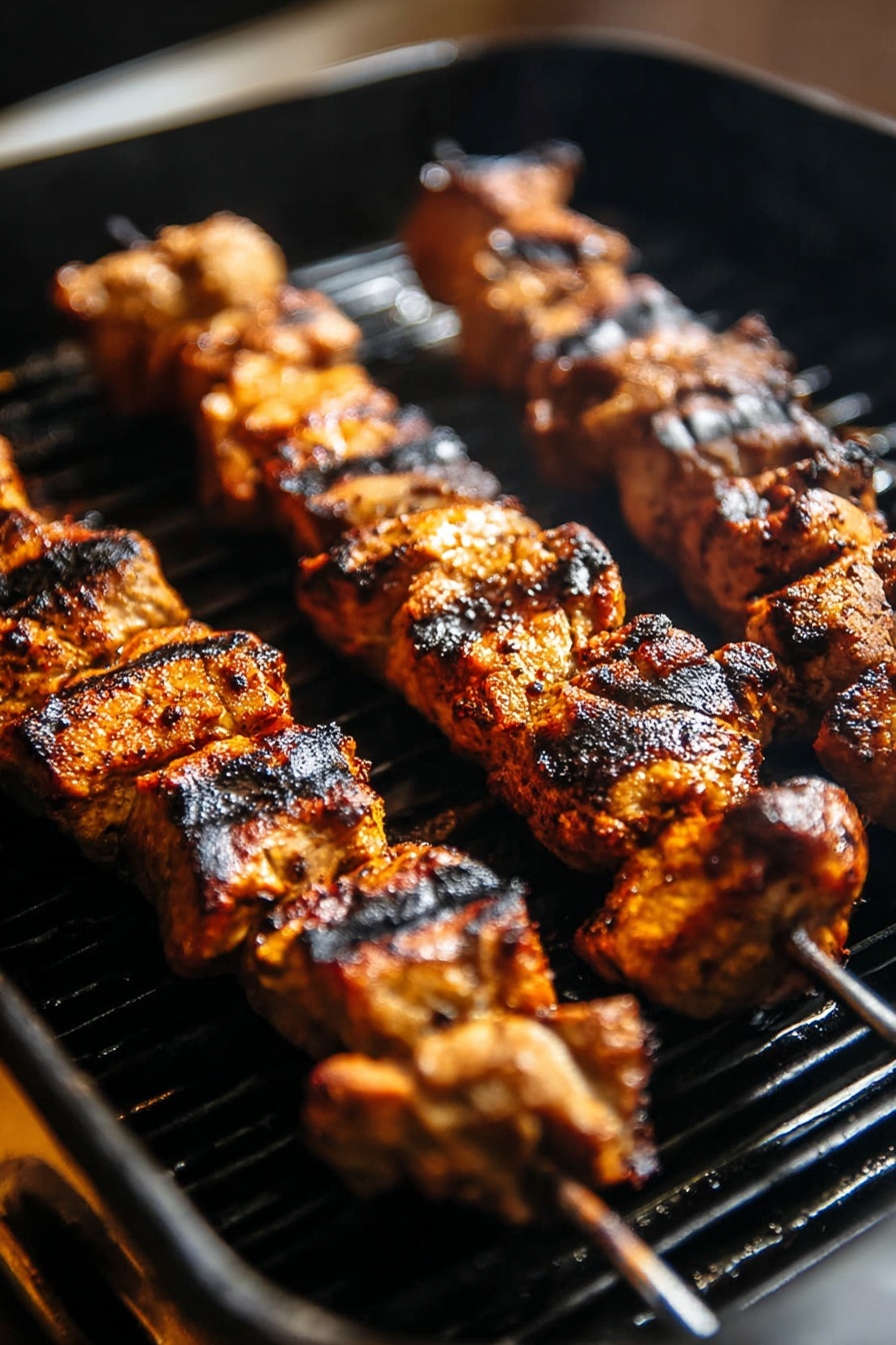 Three wooden skewers hold several large orange-brown grilled meat pieces with black grill marks on them. The skewers lie diagonally on a seated black grill pan with shiny hot metal ridges. The meat pieces look juicy and cooked well with some parts darker and slightly charred. Small light reflections highlight the surface texture, showing the cooked outside and spices. Steam gently rises in soft focus from the grill. Photo taken with an iphone --ar 2:3 --v 7
