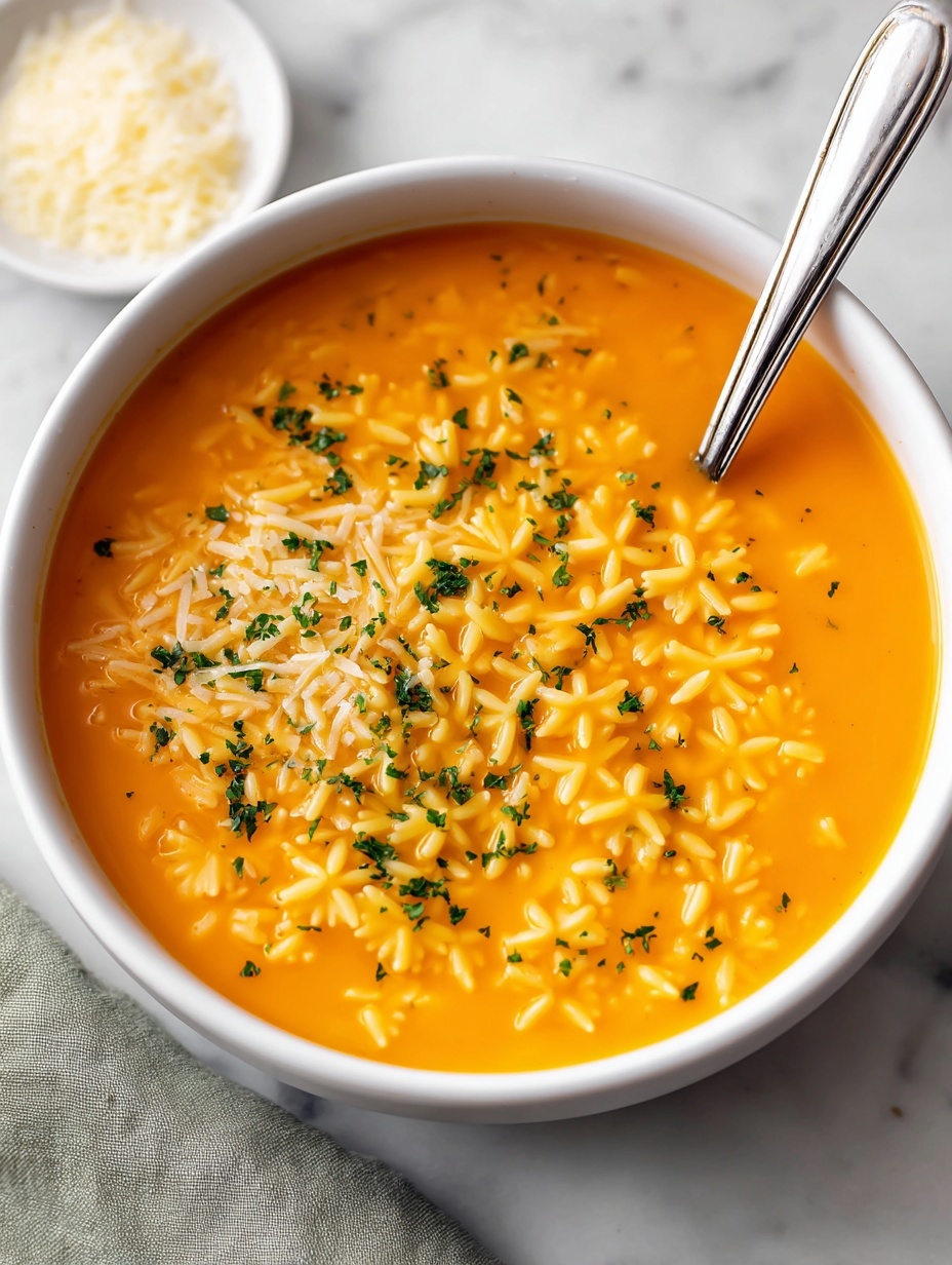 A white bowl with thin blue grid lines holds a warm orange soup with small round pasta pearls floating in it. On the surface, there is a sprinkle of green herbs and a light dusting of grated cheese, adding texture and a fresh look. A spoon with a white handle is scooping up some of the pasta pearls from the soup. The bowl sits on a white marbled surface, with another identical bowl partially visible in the background. A small white bowl with more grated cheese is near the bottom right corner. Photo taken with an iphone --ar 2:3 --v 7