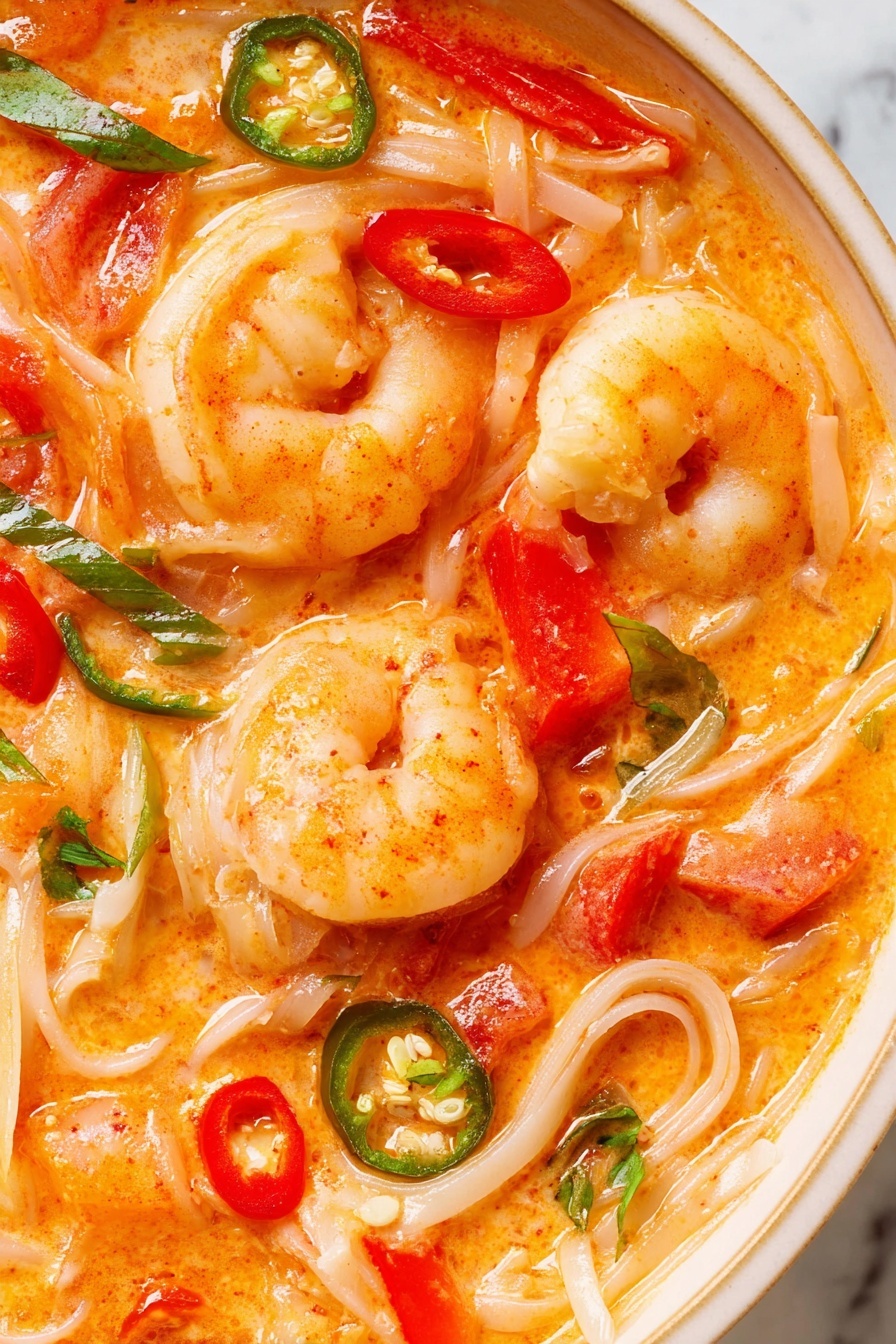 This close-up image shows a dish with thick white noodles sitting in an orange creamy sauce. There are around three large pink shrimp spread on top, each with a slight shine and some texture from cooking. Red chili slices and green chili slices are scattered over the noodles and shrimp, adding sharp red and green color spots. Small pieces of red bell pepper and bits of fresh green herbs float in the sauce, giving more color contrasting with the creamy orange base. The whole dish is shown in a white bowl on a white marbled surface, with the details of the sauce and ingredients clearly visible. photo taken with an iphone --ar 2:3 --v 7