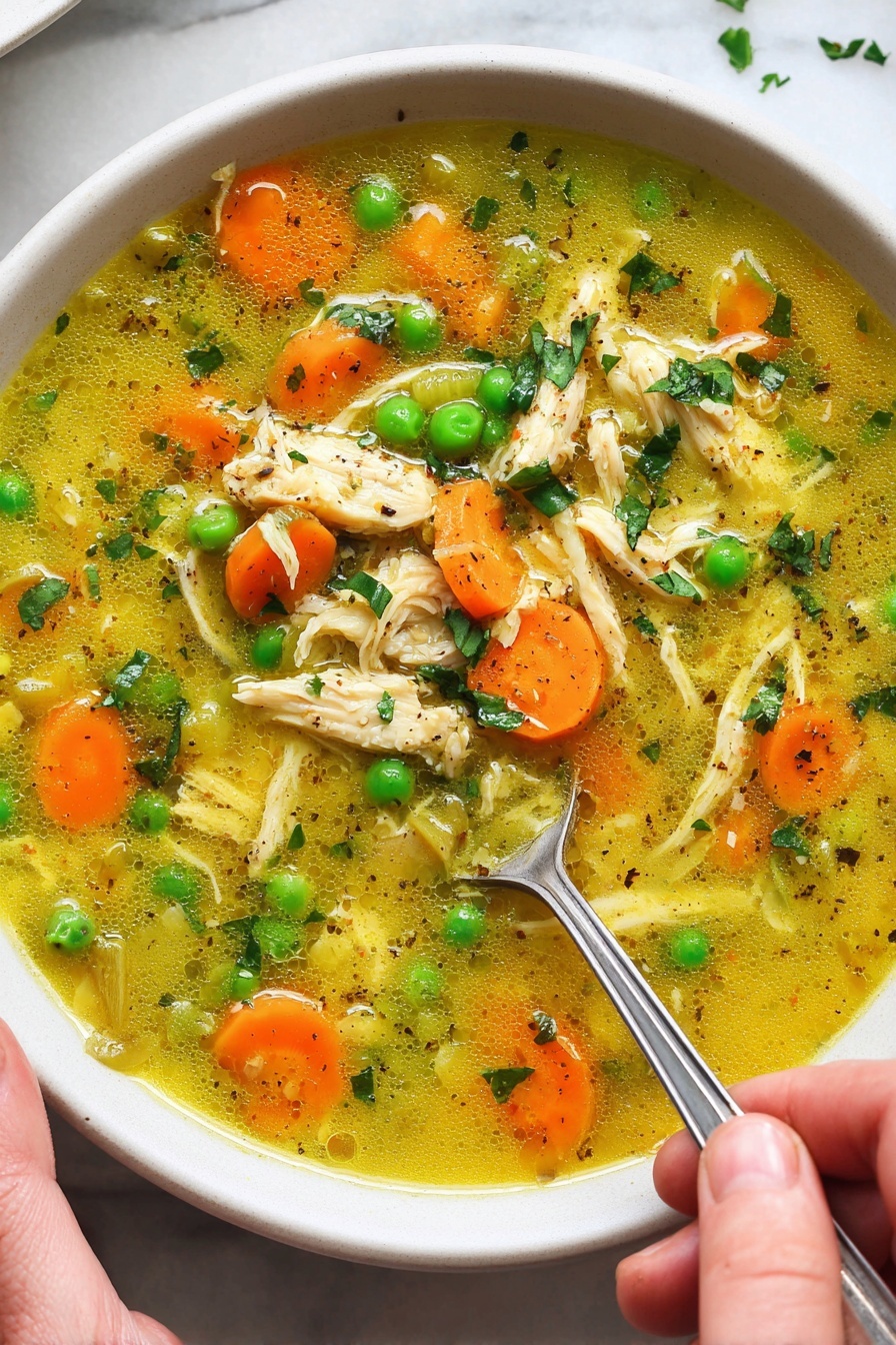 The image shows a white bowl filled with chicken soup on a white marbled surface. The soup has three main layers: a clear yellow broth base with a slight oily shine, a middle layer of shredded chicken pieces in pale beige, and a top layer of bright orange carrot slices, fresh green peas, and celery pieces. Small bits of chopped green herbs float on the surface, and there is a sprinkle of black pepper. A woman's hand is holding a spoon dipping into the soup from the right side of the bowl. Photo taken with an iphone --ar 2:3 --v 7