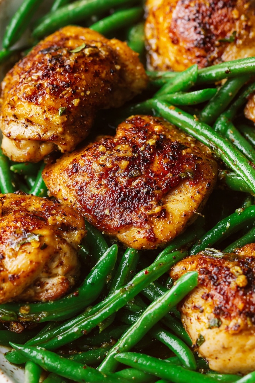 The image shows tender, cooked chicken pieces with a shiny, golden-brown crust on top of a bed of fresh, bright green beans. The chicken pieces have a slightly crispy texture with small bits of seasoning and sauce glistening on the surface. The green beans are laid around and under the chicken, appearing fresh and slightly glossy from being cooked but still firm. The whole dish has a rich, warm color contrast between the golden chicken and the vibrant green beans, all stacked together on a white marbled surface. photo taken with an iphone --ar 2:3 --v 7