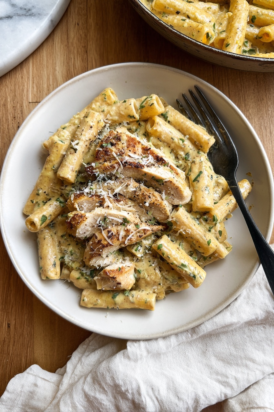 A white plate filled with creamy pasta mixed with grilled light brown chicken strips, both coated in a thick, pale yellow sauce with small green herb pieces scattered throughout. The pasta are mostly penne, cream-coated with visible black pepper and sprinkled with shredded white cheese on top. A black fork rests on the right edge of the plate. The plate sits on a wooden table, next to a starchy pan filled with more of the same pasta dish and a white cloth nearby. The surface under everything is a white marbled texture. Photo taken with an iphone --ar 2:3 --v 7