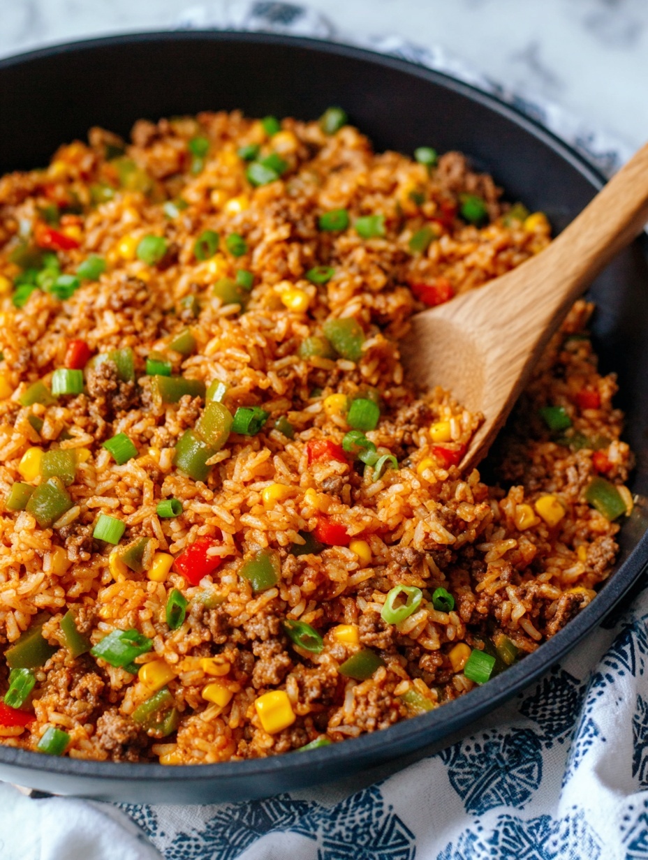 A close-up view of a black skillet filled with a mixed dish of cooked white rice, browned ground meat, yellow corn kernels, and chopped red and green bell peppers. The rice looks moist and slightly coated with a reddish sauce, giving it a soft texture. Scattered on top and throughout the dish are small pieces of green onion, adding fresh green highlights. A wooden spoon is placed inside the skillet, showing the thick and hearty mix. The skillet rests on a white marbled textured surface with a white cloth that has blue geometric shapes under one side, creating a warm, homemade feel. Photo taken with an iphone --ar 2:3 --v 7