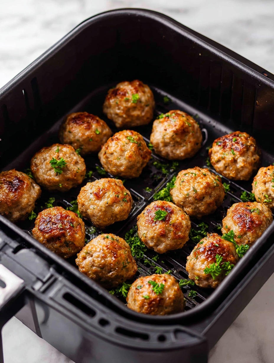 The image shows a black air fryer basket filled with golden brown cooked meatballs, evenly spaced in two rows. Each meatball is round with a slightly rough texture, glistening with a light shine from the cooking oil. Small green parsley pieces are sprinkled on and around the meatballs, adding a fresh touch of color. The black basket has a grid pattern that allows air circulation and shows slight signs of cooking oil residue. Behind the basket is a white marbled surface. Photo taken with an iphone --ar 2:3 --v 7