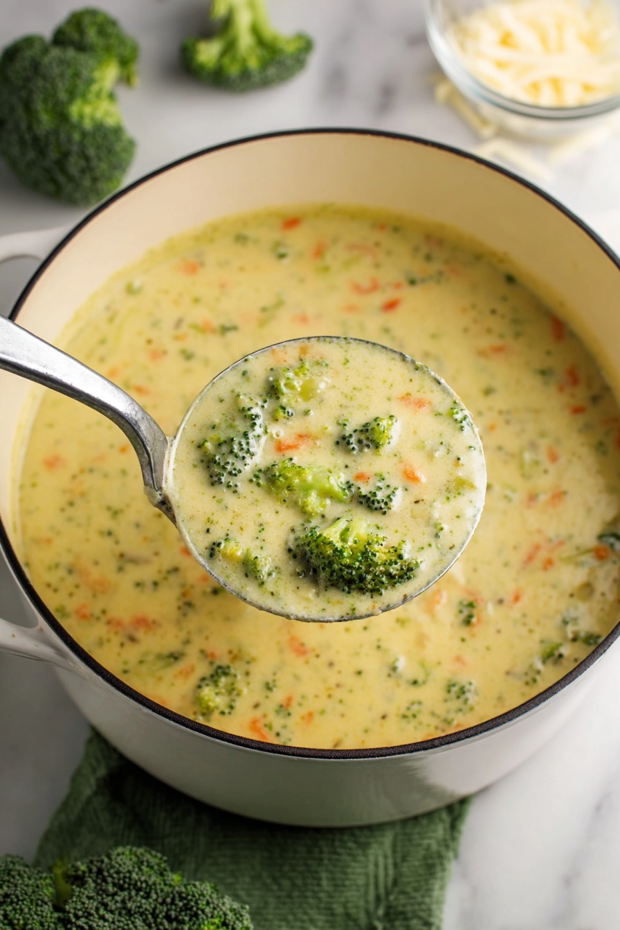 A bowl of creamy broccoli soup with a thick texture showing small green broccoli bits throughout a light green base. On top, there are scattered thin orange cheddar cheese strips and three small bright green broccoli florets. Black pepper is sprinkled evenly over the soup surface. The soup sits in a white bowl with a brown rim, placed on a white marbled surface. A silver spoon rests inside the bowl with its handle extending out. Part of a woman's hand with an orange and white cloth is visible in the top left corner. photo taken with an iphone --ar 2:3 --v 7
