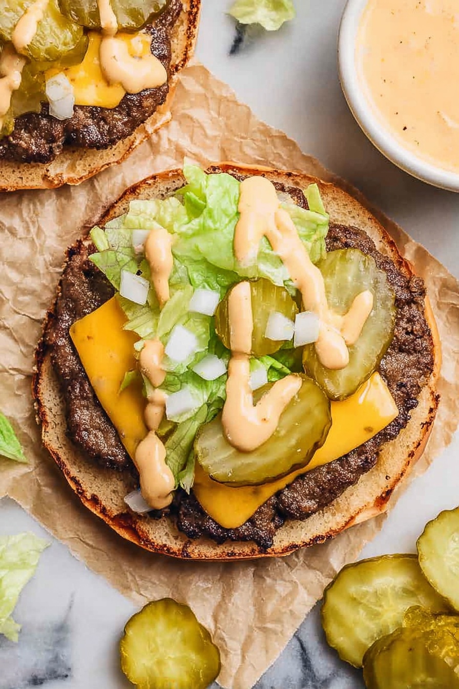 A close-up top view of an open burger showing four main layers: the bottom white bun with a light toasted edge, a flat dark brown cooked beef patty covering most of the bun, a melted bright yellow slice of cheese in the center, topped with green leafy lettuce, thick green pickle slices, small white onion pieces scattered on top, and drizzles of light orange creamy sauce spread over the whole burger. On the white marbled surface around the burger are a few loose pickle slices, part of a white bowl filled with sauce on the right side of the frame, and a partial view of the top bun at the top of the image. photo taken with an iphone --ar 2:3 --v 7