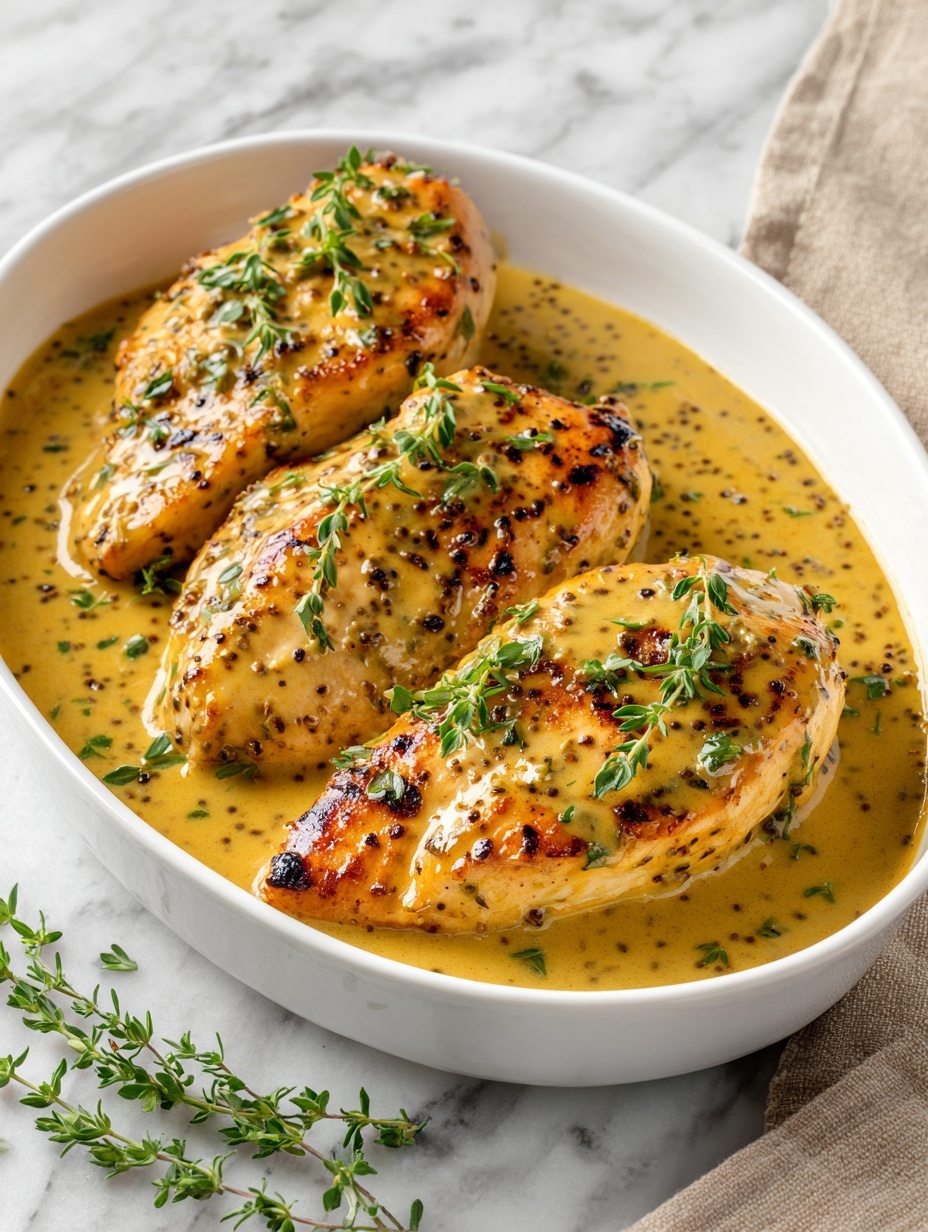 A white plate holds four thick slices of cooked chicken arranged in a row, each piece coated with a shiny reddish-brown glaze speckled with black pepper and herbs. The texture of the chicken looks juicy and smooth, with the closest piece sliced to show the moist, pale interior. Some thin green stalks of steamed vegetables peek from the left side of the plate, adding a touch of bright green color. The whole scene rests on a white marbled surface, and the lighting highlights the glossiness of the sauce on the chicken. Photo taken with an iphone --ar 2:3 --v 7