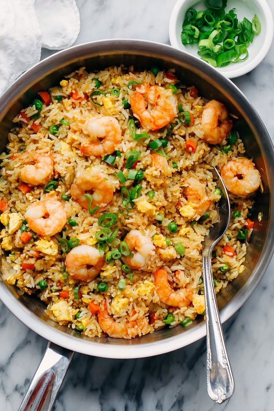 The image shows a large pan filled with fried rice and shrimp. The rice is yellowish with small bits of orange carrots, green peas, and scrambled egg mixed well throughout. Big pink-orange shrimp pieces are spread across the rice evenly. On top, thinly sliced green onions add a fresh green touch. A silver spoon rests inside the pan at the bottom right. Next to the pan, there is a small white bowl with more green onions. The pan and bowl are placed on a white marbled surface. photo taken with an iphone --ar 2:3 --v 7
