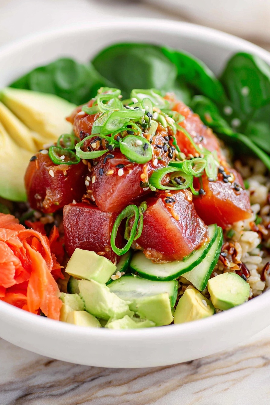 The dish is served in a white bowl with a white marbled texture background, showing multiple layers. At the bottom, there is a layer of mixed brown and wild rice, creating a textured base. On top of the rice, there are bright green spinach leaves arranged around the edges. In the center, there are cubes of reddish raw fish, topped with green onion rings and light sesame seeds. Around the fish, thin slices of cucumber and pale green avocado chunks are placed, along with light beige pickled ginger. Small shreds of orange carrot add more color near the edge. The dish looks fresh and colorful, with varied textures of soft fish, crunchy veggies, and leafy greens, photo taken with an iphone --ar 2:3 --v 7