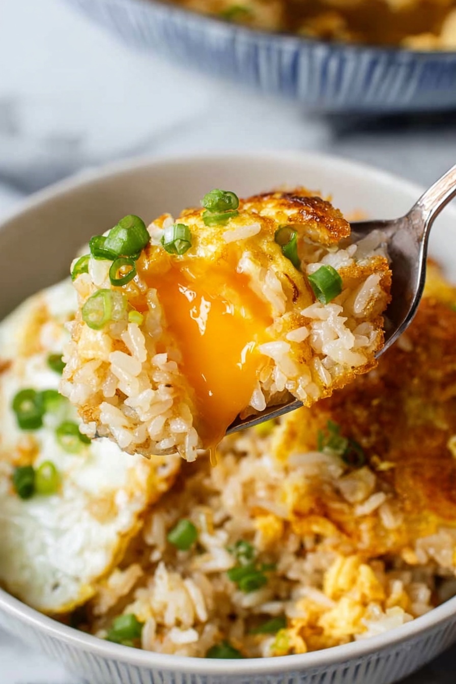 A close-up view of a spoon lifting a bite of fried rice mixed with green onions and topped with a layer of golden, crispy fried egg with slightly browned edges. The rice looks soft and slightly oily, with a mix of white and light brown bits. In the background, you can see a white bowl holding more of the same layered rice and egg, all placed on a white marbled surface. photo taken with an iphone --ar 2:3 --v 7