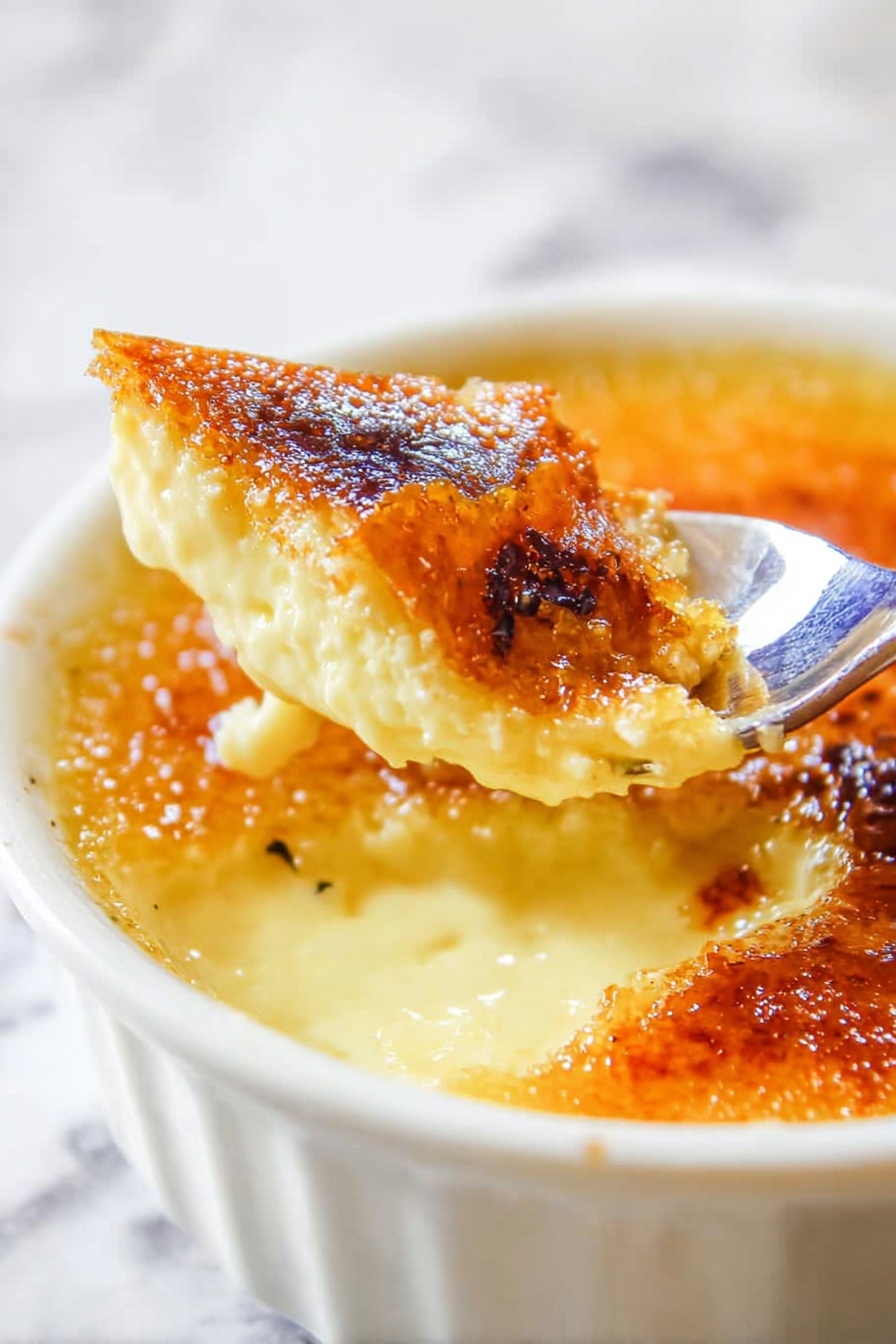 A close-up image of a white bowl filled with crème brûlée, showing a spoon lifting a piece of the dessert. The dessert has two clear layers: a thick, smooth, pale yellow custard at the bottom, and a glossy, caramelized golden-brown top layer that is slightly cracked. The spoon holds a triangular shard of the crispy caramel surface along with some creamy custard beneath it. The background features a white marbled texture. Photo taken with an iphone --ar 2:3 --v 7
