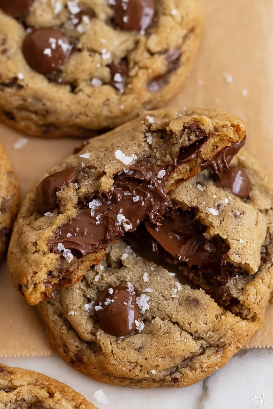 The image shows thick chocolate chip cookies with a golden brown color, topped with melted chocolate chips that appear shiny and smooth. One cookie is broken in half and placed on top of another, revealing a gooey, soft interior filled with melted dark chocolate chunks and a slightly crumbly texture. Small flakes of white sea salt are sprinkled on top of the cookies, adding texture contrast. The cookies rest on a light brown parchment paper over a white marbled surface. Photo taken with an iphone --ar 2:3 --v 7