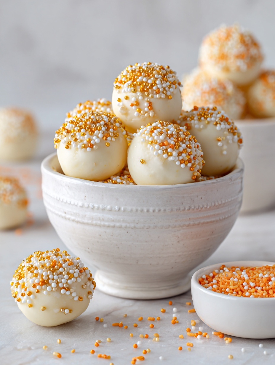 The image shows a white ceramic bowl filled with round, smooth white cookies. Each cookie is topped with small white and orange round sprinkles scattered unevenly over the top. The bowl sits on a white marbled surface, and near the bowl is another white bowl filled with similar white and orange sprinkles. Part of another cookie can be seen on the surface near the bowl. The overall color scheme is soft and light, focusing on the white and light orange details. Photo taken with an iphone --ar 2:3 --v 7