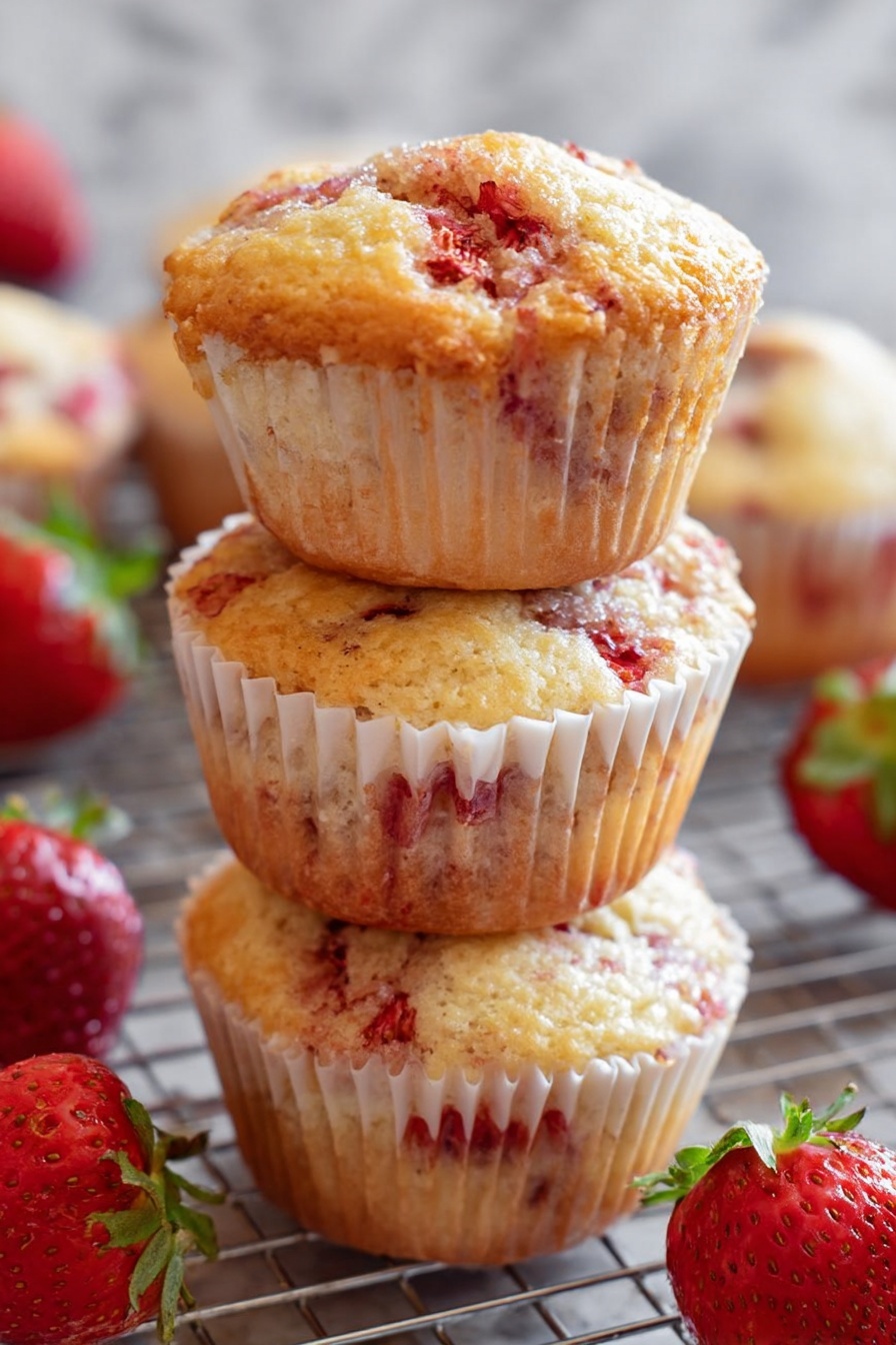 Two black muffin trays each filled with six white paper liners holding raw muffin batter mixed with visible chunks of red strawberries. The batter is thick and light yellow in color with some small crumbs on top. The trays rest on a white marbled surface with a light-colored cloth nearby. photo taken with an iphone --ar 2:3 --v 7