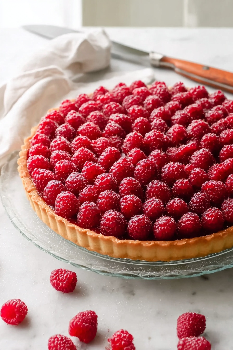 A round tart with one layer of golden-brown crust at the bottom, topped fully with one thick layer of bright red raspberries that are closely packed together, each berry showing a textured, bumpy surface. The tart sits on a glass plate placed on a white marbled surface with a few loose raspberries scattered around. In the background, a knife with a wooden handle and a woman's hand holding a white cloth are slightly blurred. Photo taken with an iphone --ar 2:3 --v 7
