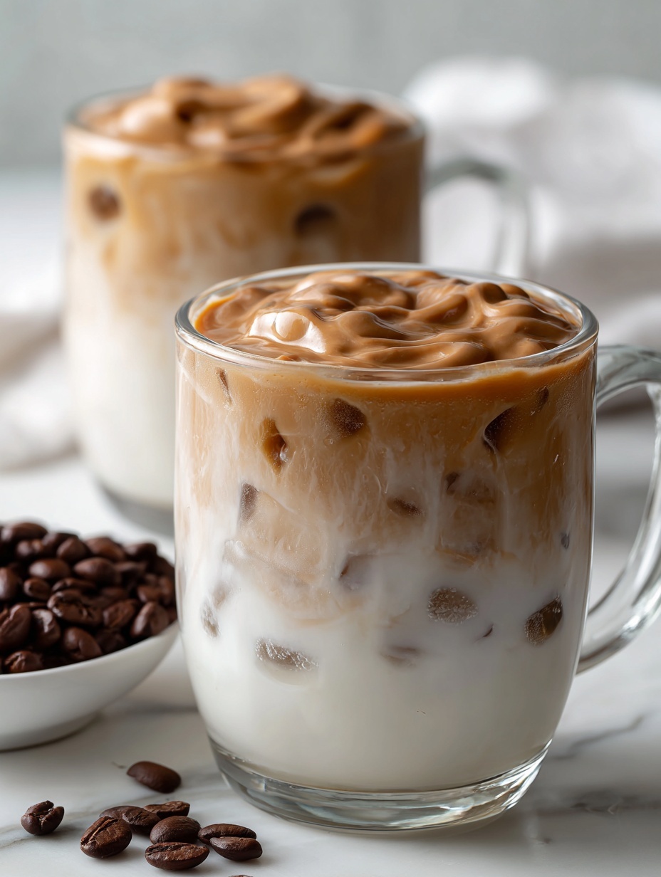 Two clear glass mugs sit on a white marbled surface, each filled with a three-layered drink. The bottom layer is a white creamy milk base with ice cubes visible inside. The middle layer shows light brown coffee swirling gently into the milk, blending softly. The top layer is a thick, frothy, whipped coffee foam that has a smooth texture with soft peaks, a warm caramel brown color. Coffee beans are scattered on the surface near the mugs, and a small white bowl with coffee beans is blurred in the background. The photo looks bright and clean, taken with an iphone --ar 2:3 --v 7