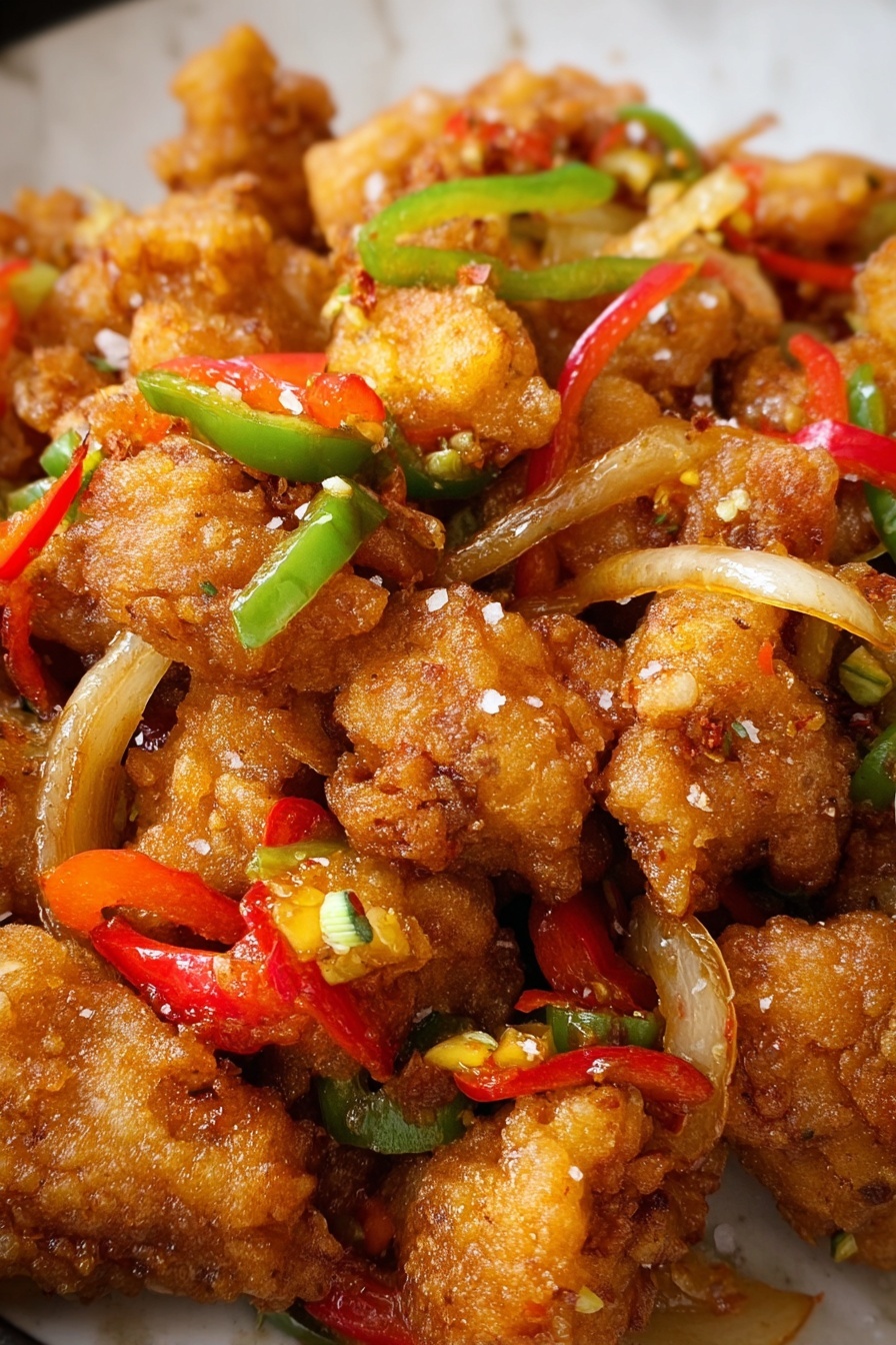 The image shows a close-up of golden brown fried pieces with a crispy texture as the main layer, mixed with thin strips of red and green bell peppers and translucent cooked onions scattered throughout, giving a colorful contrast. Small bits of seasoning and salt crystals are visible on the surface, making the dish look flavorful and fresh. The ingredients are closely packed, showing a rich mix of textures and colors on a white marbled surface. photo taken with an iphone --ar 2:3 --v 7