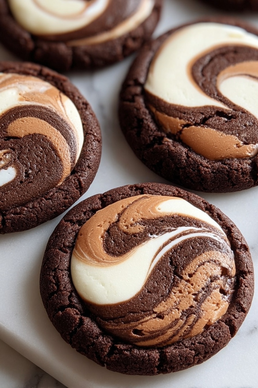The image shows four round, thick chocolate cookies placed on a white marbled surface. Each cookie has a smooth, swirled top layer made of two colors: creamy white and dark chocolate brown, blending together in a spiral pattern that creates a textured and shiny look. The base layer is a rich dark brown with a cracked, soft texture that looks dense and moist. The swirls are centered on each cookie, giving a balanced and artistic feel to the treat. Photo taken with an iphone --ar 2:3 --v 7
