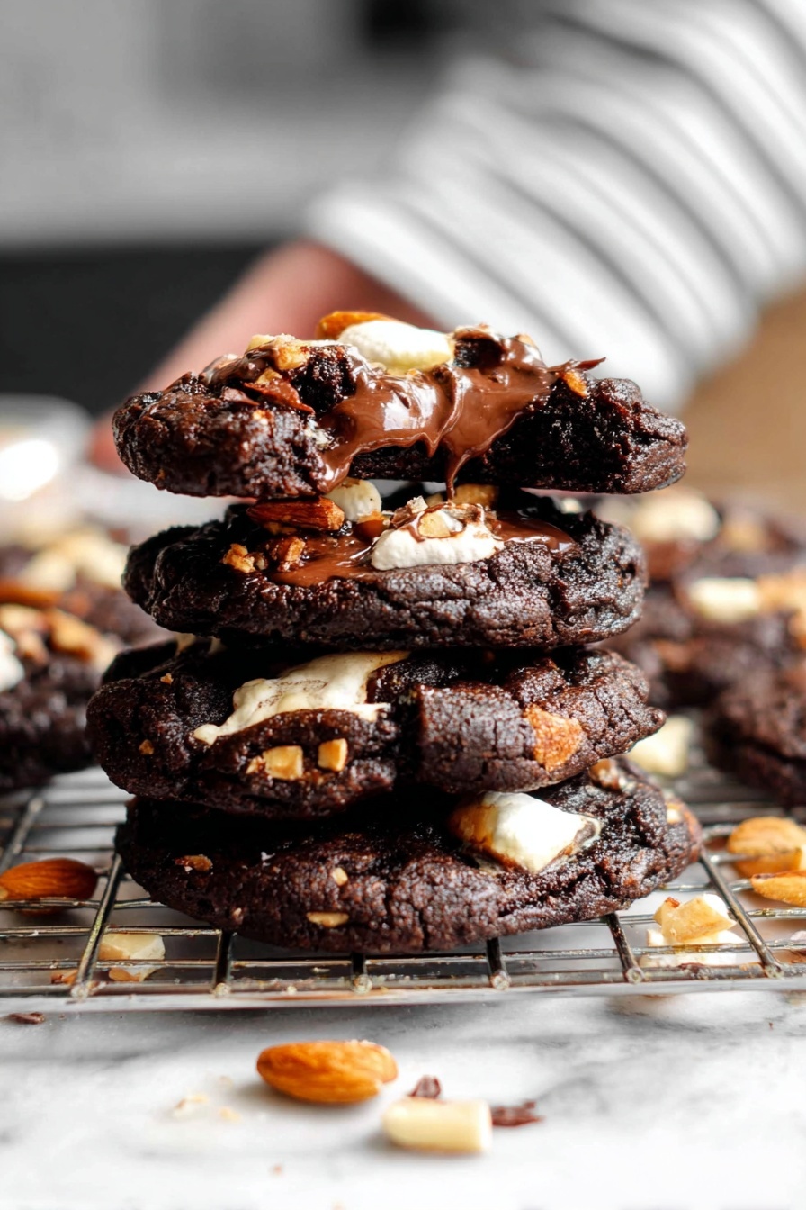 A stack of four dark chocolate cookies is shown on a white marble surface with a cooling rack beneath them. Each cookie has a rough, soft texture with melted chocolate chunks and light-colored nuts embedded on top, some amber almonds and white chunks scattered around. The layers of the cookies are thick with gooey, shiny melted chocolate and bits of white melted marshmallow showing between them. The background is softly blurred with a hand wearing a grey striped sleeve in view. Photo taken with an iphone --ar 2:3 --v 7