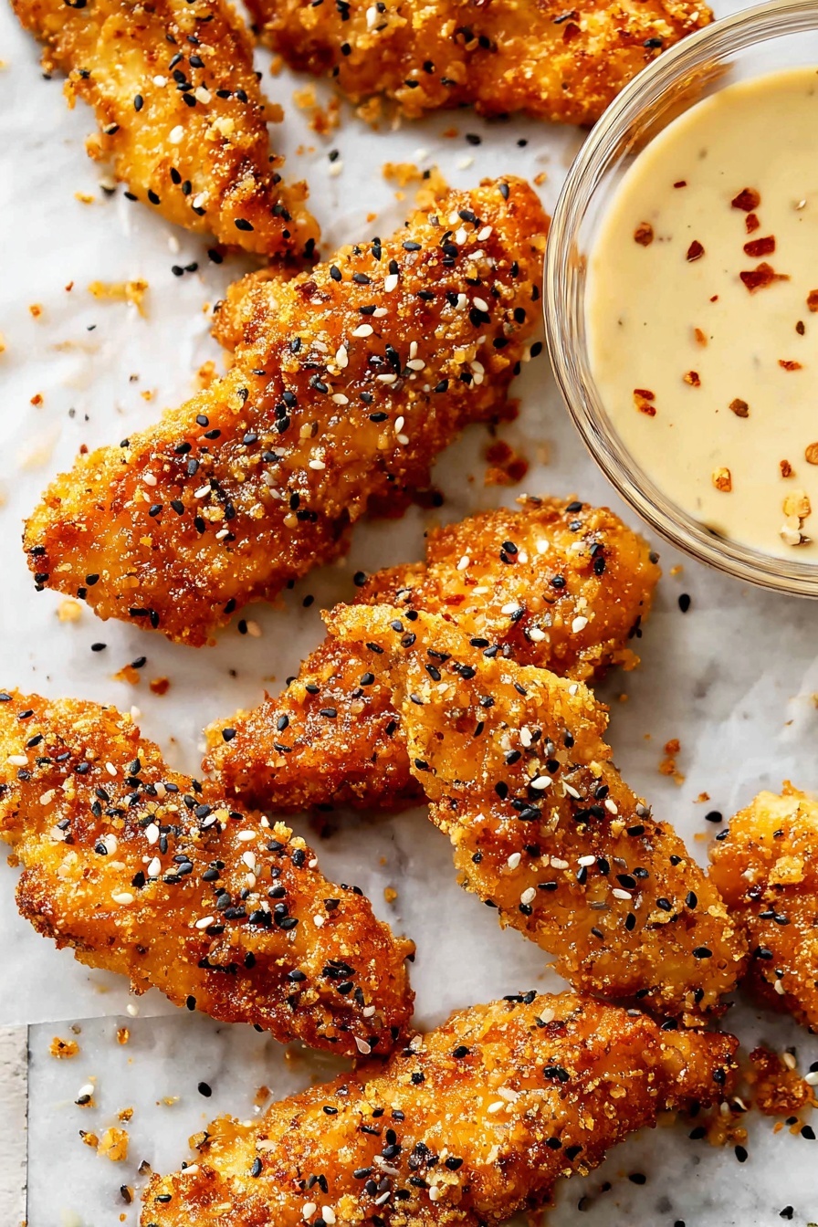 The image shows a close-up of seven pieces of golden brown, crispy fried chicken tenders arranged scattered on a white marbled surface. The chicken has a crunchy textured coating sprinkled with black and white sesame seeds and small bits of seasoning evenly covering each piece. The tenders have an irregular shape and a rough, crisp outer layer with some softer white chicken meat visible through the coating. In the upper right corner, there is a small clear glass bowl filled with a creamy beige dipping sauce that has light specks throughout. The scene is brightly lit, highlighting the crunchy texture and warm color of the chicken. photo taken with an iphone --ar 2:3 --v 7
