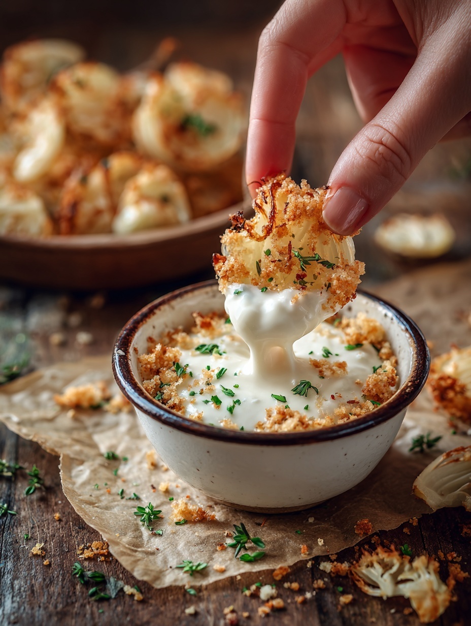 A woman's hand is dipping a golden roasted curly onion slice with a crispy textured surface into a small white bowl filled with smooth, creamy white sauce. The bowl has a thin dark rim and is placed on parchment paper that rests on a wooden surface, with some green herb sprigs scattered nearby. Behind the bowl, there are more roasted curly onion slices with a browned seasoning on top, adding a crunchy look with layers of light yellow and golden brown. Photo taken with an iphone --ar 2:3 --v 7
