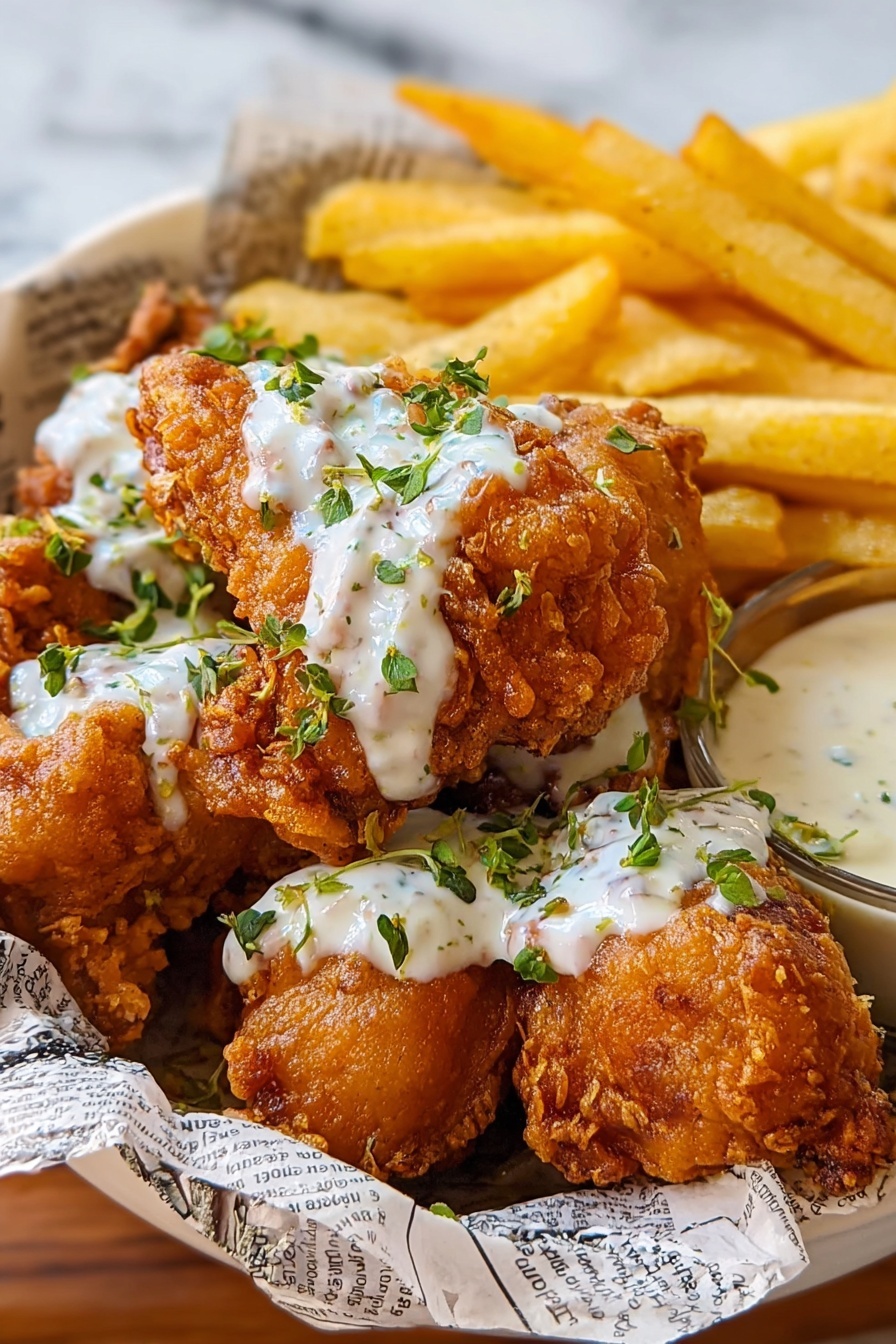 A white plate lined with printed paper holds a mix of fried chicken pieces and fries. There are three drumsticks with golden brown, crispy skin, and three other chicken pieces with a deep golden, crunchy coating. The fries are a bright yellow, slightly shiny, and piled on one side of the plate. The plate sits on a wooden table with some other dishes partly visible. The textures of the fried chicken vary between smooth crispy skin and rough crunchy breading, creating a rich, layered look. photo taken with an iphone --ar 2:3 --v 7