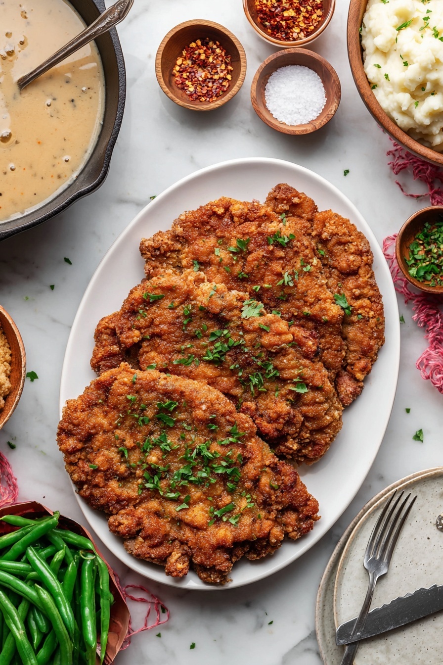 A white oval plate holds three pieces of crispy fried meat, browned with a rough, crunchy texture, spread slightly on the plate and sprinkled with chopped green herbs. Around the plate, there are small bowls with coarse salt, crushed black pepper, fresh green beans, and white mashed potatoes in light wooden bowls, all arranged on a white marbled surface. On the left side, a black cast iron skillet with creamy white gravy fills half the skillet, and a small bowl with red chili flakes is nearby. In the bottom right corner, a white plate with a fork sits on the white marbled surface. The photo is taken with an iphone --ar 2:3 --v 7