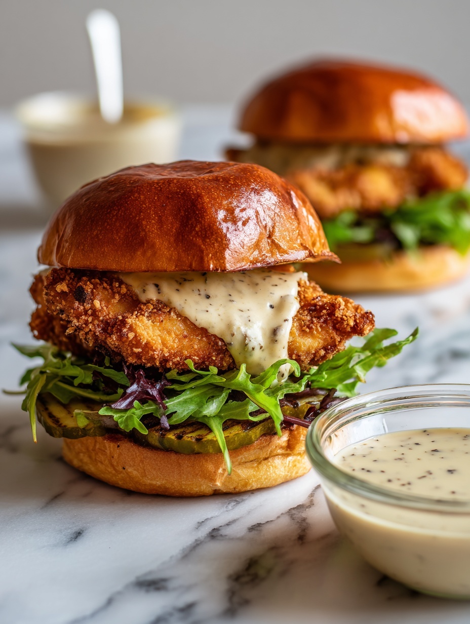 The image shows a sandwich with four layers on a white plate with a white marbled surface background. The bottom layer is a soft, slightly toasted yellow bun base. Above it lies a grilled piece of what looks like dark green pickle with grill marks and a spread of light brown creamy sauce with black pepper flakes. Next is a thick, golden brown crispy fried piece of chicken with a rough textured crust. On top of this is a layer of the same light brown creamy sauce slightly dripping down the side. The whole sandwich is covered with a shiny, smooth, golden brown top bun. To the right of the sandwich, there is a small heap of fresh green kale salad with thin light vegetable strips. In the background, another sandwich and a glass cup with more creamy sauce and a white spoon inside are visible but blurry. Photo taken with an iphone --ar 2:3 --v 7