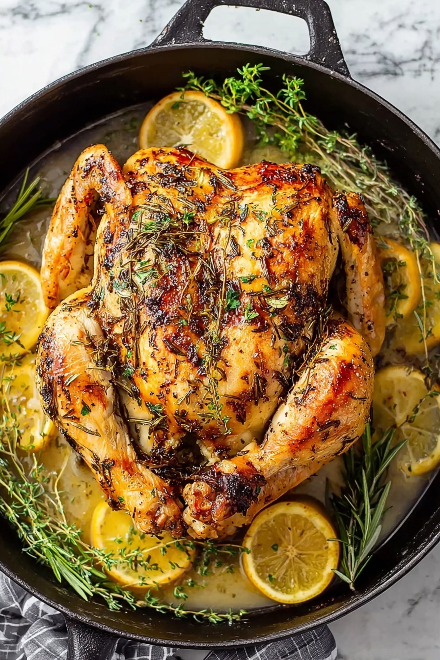 A whole roasted chicken sits in a black round roasting pan with two handles, placed on a white marbled surface. The chicken has golden brown crispy skin with a mix of herbs like rosemary and thyme sprinkled on top, giving it a textured look. Around the chicken, there are several bright yellow lemon slices and fresh green herb sprigs placed randomly, adding color contrast. Light broth or juices are pooled underneath the chicken, showing warmth and moisture. The scene is lit brightly, highlighting the chicken’s juicy and well-cooked surface. photo taken with an iphone --ar 2:3 --v 7