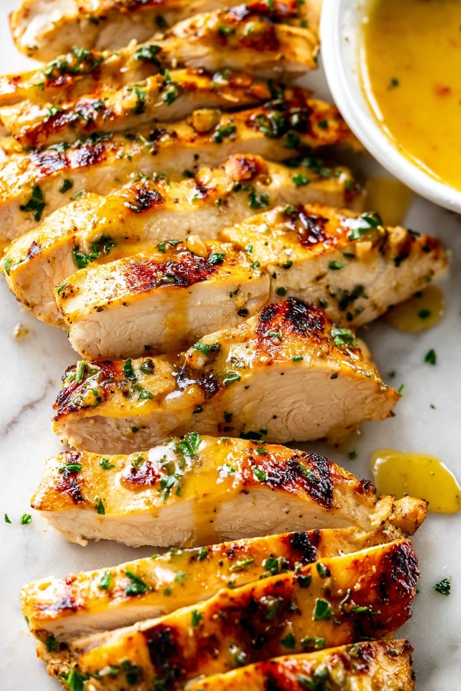 The image shows a white plate with four pieces of grilled chicken with a shiny, golden-orange sauce on top, with some grill marks visible on the chicken. The chicken pieces are arranged in the center, slightly overlapping each other. Around the chicken, there is a fresh salad made of green leafy lettuce, small pieces of purple cabbage, thin orange carrot strips, and parsley leaves adding a deep green color. On the side of the plate, a small glass bowl holds a bright yellow-orange dressing with visible herbs. The plate sits on a white marbled surface. photo taken with an iphone --ar 2:3 --v 7