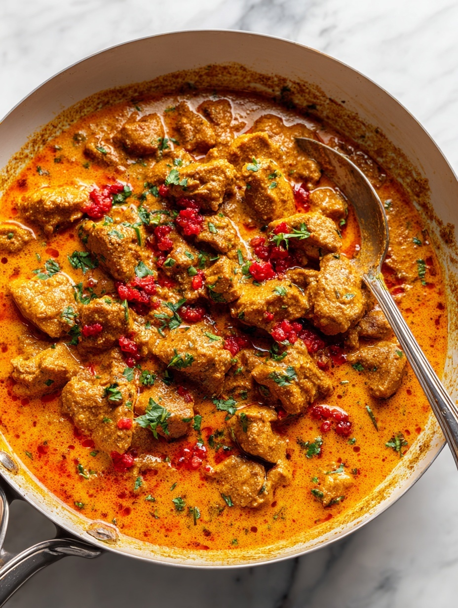 The image shows a white plate with a base layer of fluffy white rice arranged in a ring around the edge, leaving the center open. On top, there is a thick layer of orange-colored curry with tender chunks mixed in, covered with scattered fresh green cilantro leaves. A shiny silver fork rests on the plate's right side, slightly touching the rice. The background is a white marbled texture. Photo taken with an iphone --ar 2:3 --v 7