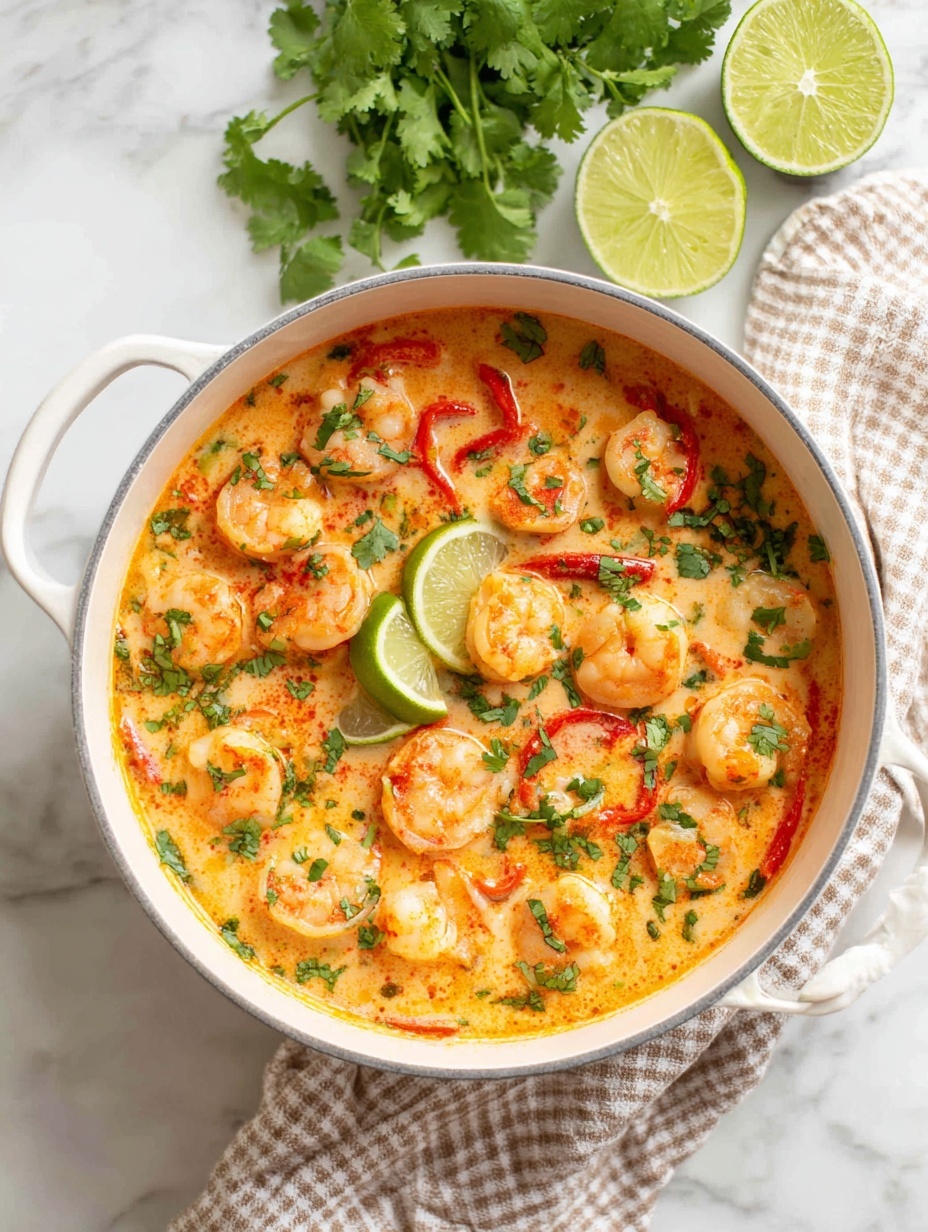 The image shows a white bowl filled with a shrimp curry dish and white rice. The bowl is divided roughly in half, with fluffy white rice on the left side and a rich orange-red curry on the right. The curry contains several curled shrimp with a light orange color, mixed with small broccoli pieces, red bell pepper chunks, and yellow pineapple cubes. Fresh green herbs, probably chopped cilantro, are sprinkled on top of both the rice and curry, adding a bright green contrast. There is also a light sprinkling of red chili flakes across the dish. A gold spoon is placed inside the bowl, with its handle resting on the side. The bowl is set on a white marbled surface. Photo taken with an iphone --ar 2:3 --v 7