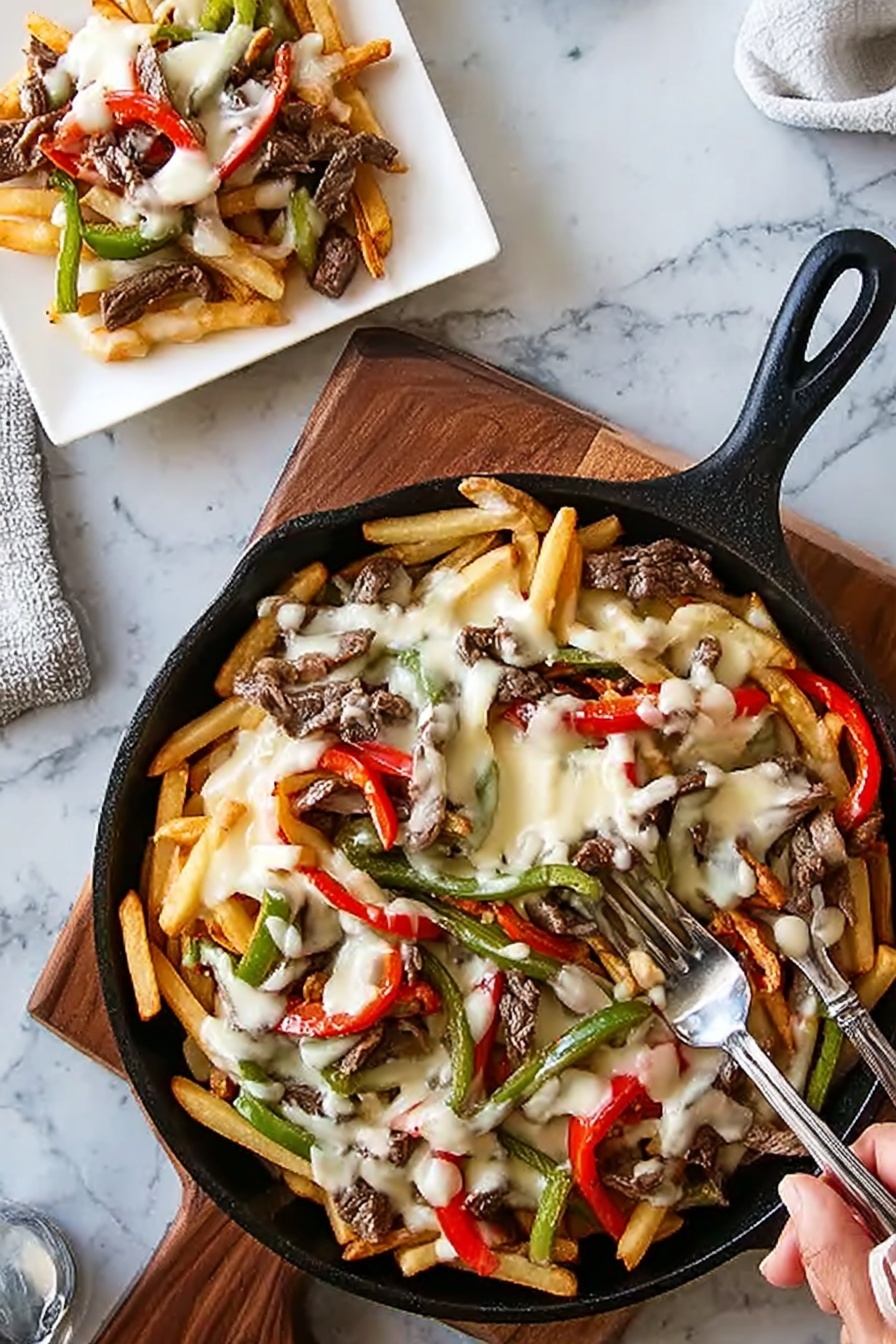 The dish shows a large black skillet filled with three layers: the bottom layer is golden crispy fries, spread across the pan; the second layer is strips of cooked beef with sliced green and red bell peppers scattered evenly on top; the final layer is creamy white cheese sauce drizzled generously over the fries, beef, and peppers, creating a smooth texture. A silver fork rests inside the skillet on the right side, and another silver fork is on the left side of the skillet. Near the skillet is a white square plate holding a smaller portion of the same dish, with a woman's hand reaching toward it. The setting is on a white marbled surface, giving a clean and bright look. Photo taken with an iphone --ar 2:3 --v 7