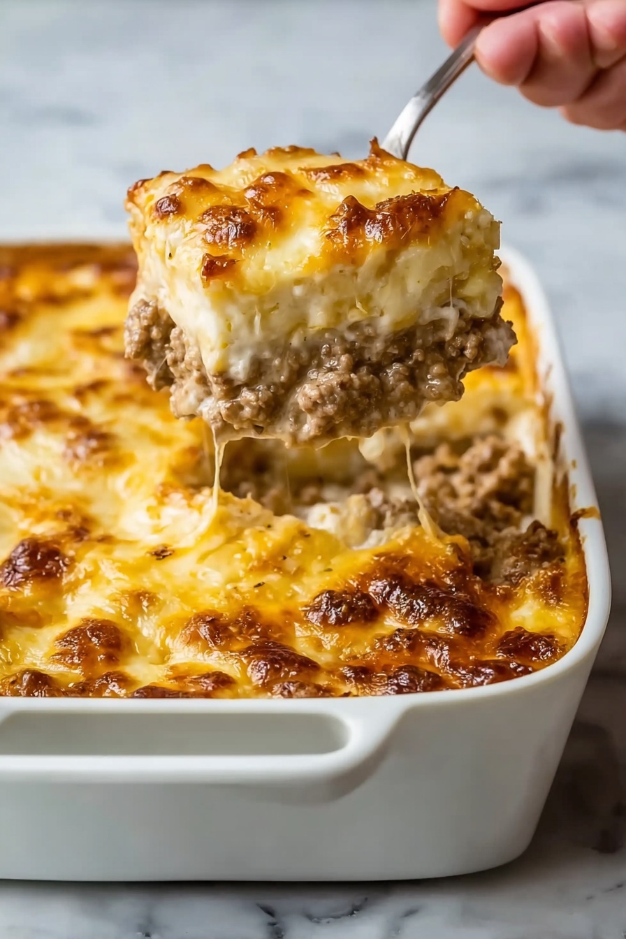 A close-up view of a white rectangular baking dish filled with a layered casserole. The top layer is golden brown melted cheese with slightly browned spots, showing a gooey and creamy texture. Below the cheese, there is a thick layer of minced meat mixed with a creamy sauce, light brown in color and textured. A silver fork held by a woman's hand is lifting a square piece from the dish, showing the melted cheese stretching down. The dish is placed on a white marbled surface. photo taken with an iphone --ar 2:3 --v 7