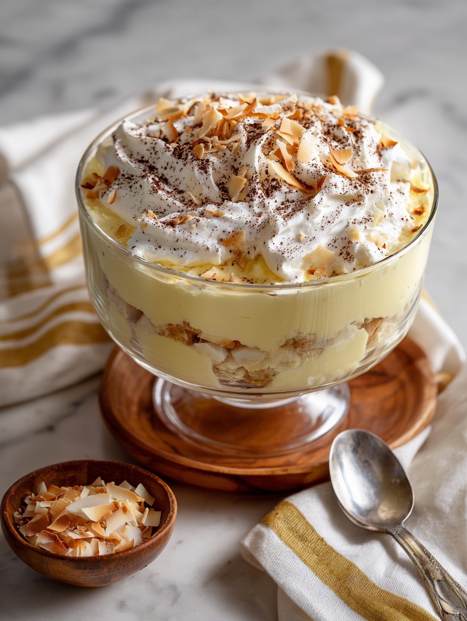 This dish is a layered dessert served in a clear round glass bowl showing three main layers. The bottom layer is a brown biscuit or cake piece base. The middle layer is a thick, smooth yellow custard with some biscuit pieces partially covered inside. The top layer is a thick, fluffy white cream spread unevenly. On the cream, there are toasted light brown coconut flakes scattered all over with a light dusting of fine brown powder. The bowl is placed on a white striped cloth with a silver spoon beside it, all on a white marbled surface. photo taken with an iphone --ar 2:3 --v 7
