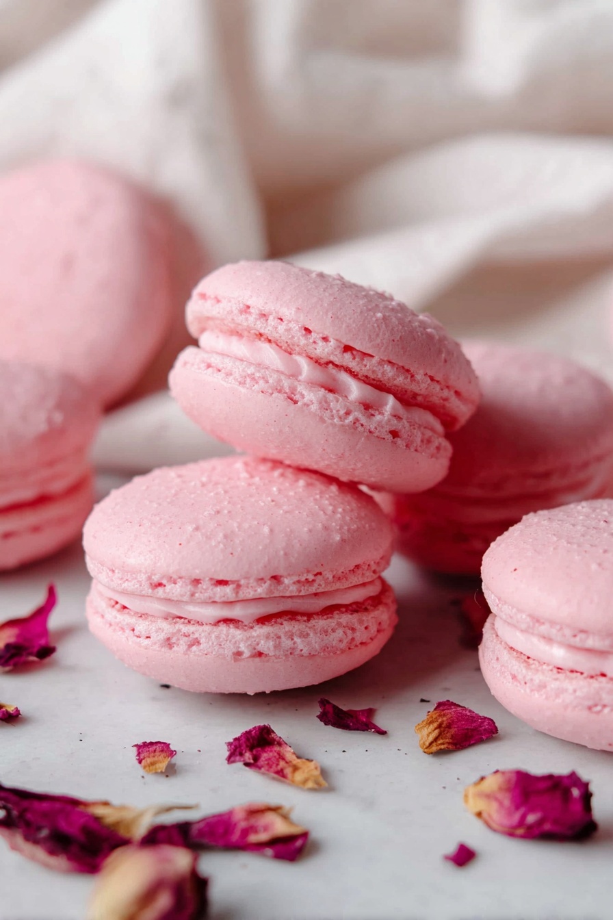 The image shows pink macarons placed on a white marbled surface with some scattered dried flower petals around them. Each macaron has two smooth, slightly domed layers with a light texture on the surface, joined by a creamy filling that is slightly lighter pink in color. The macarons are arranged close together, some leaning against each other, with soft folds of white cloth in the background, adding a gentle, cozy feel to the scene. photo taken with an iphone --ar 2:3 --v 7