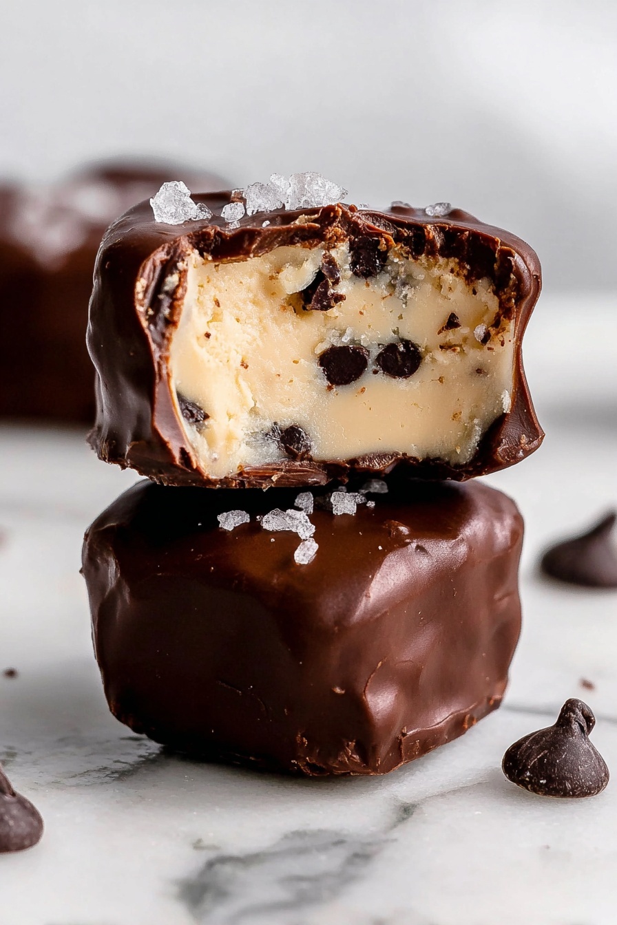 The image shows six round chocolate-covered treats on crinkled white parchment paper over a metal rack. Each treat has a smooth dark chocolate outer layer topped with coarse sea salt flakes. Two of the treats are cut in half, revealing a creamy light beige filling with embedded chocolate chips inside, creating a contrast between the dark outer chocolate and the pale inner layer. Scattered around the treats are several dark chocolate chips, adding visual texture. The background is a white marbled surface, giving a clean and bright look. Photo taken with an iphone --ar 2:3 --v 7